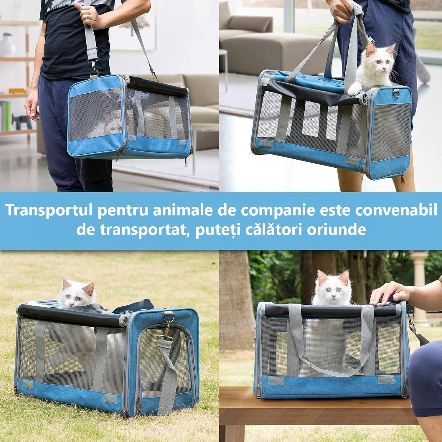Geanta pentru transport animale mici NextWave®, pisica, caine, iepure, din panza, 46x30x30, Baza rezistenta cu covoras, Usor – imaginea 6