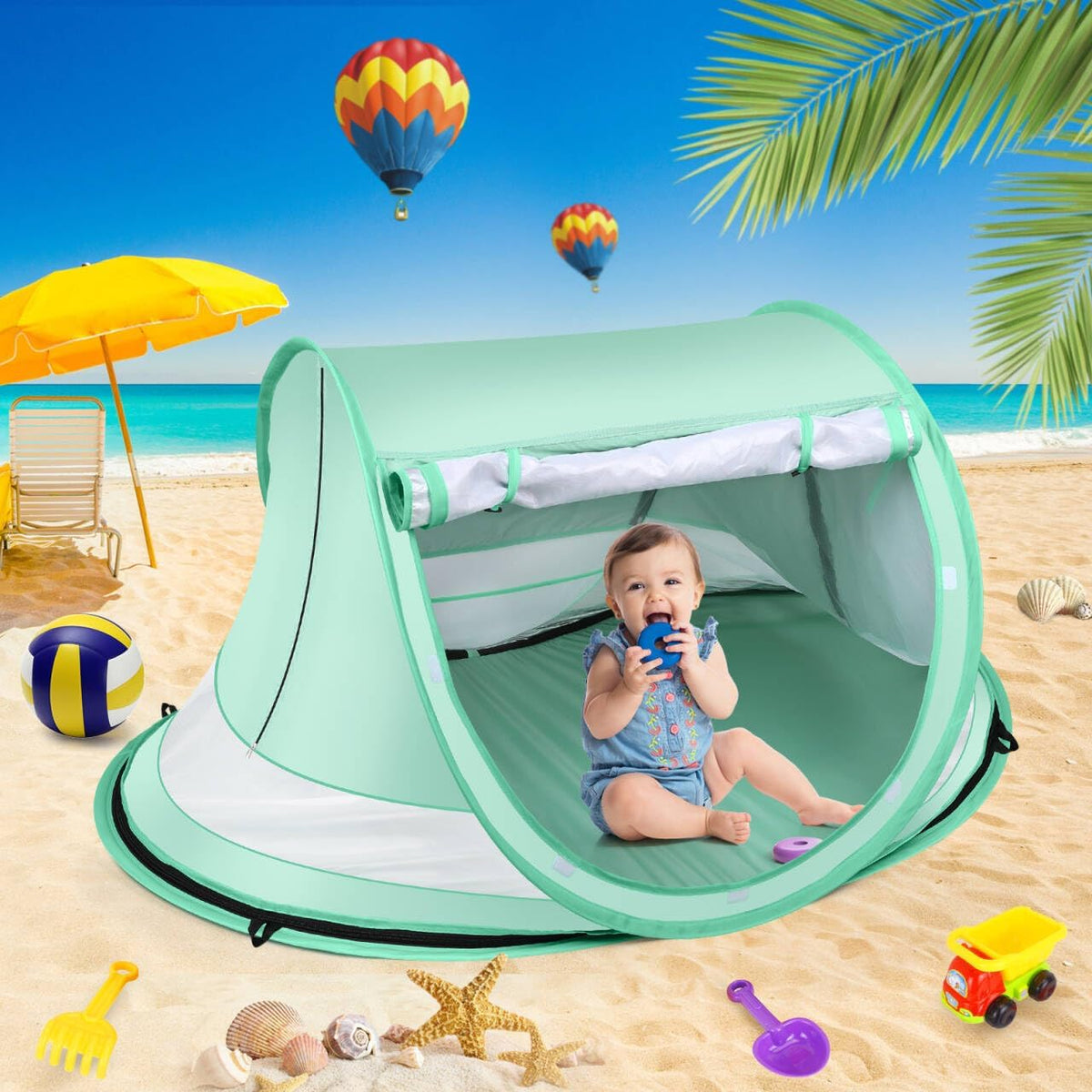 Cort de plaja pentru bebelusi NextWave®️, protectie solara UPF 50+, deschidere pop-up automata, plasa respirabila pentru – imaginea 6