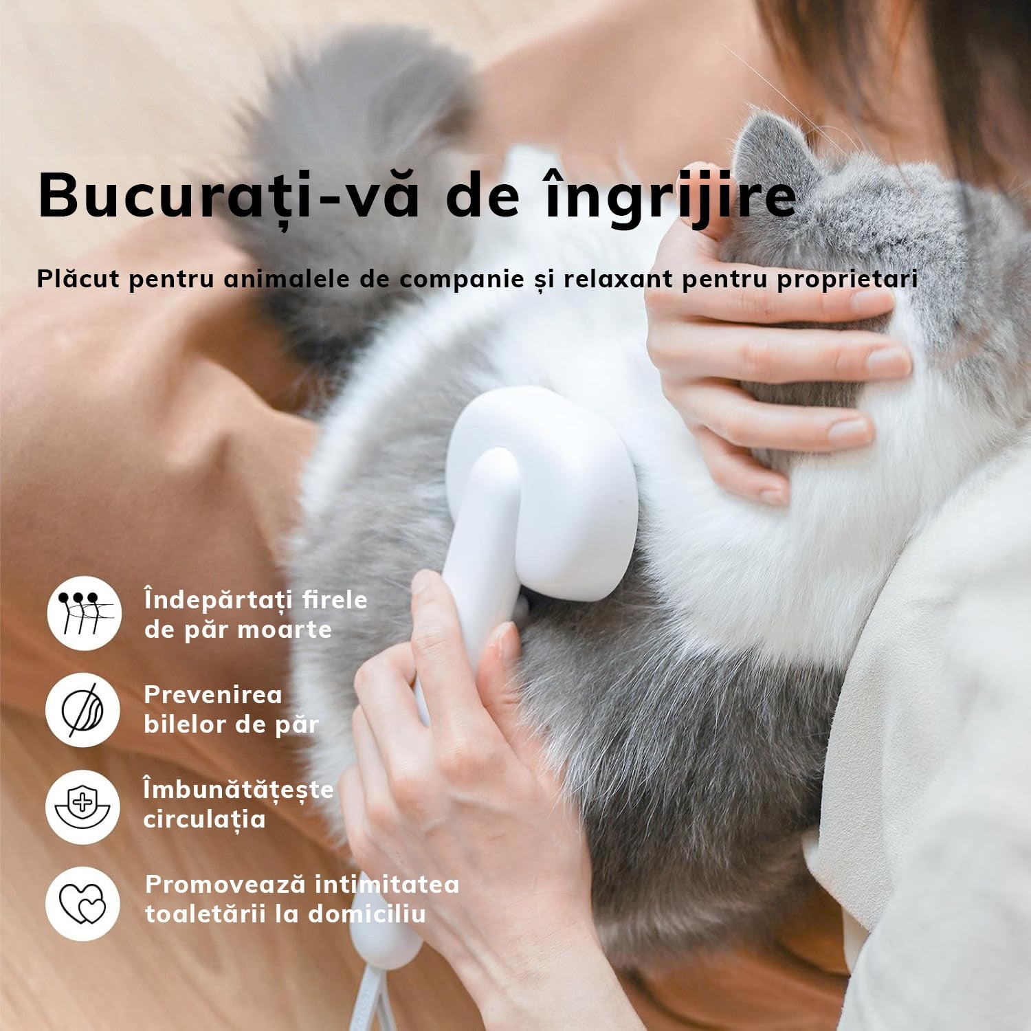 Perie pentru curatarea parului NextWave® de pisici, caini sau alte animale de companie, reutilizabila, Alb cu gri – imaginea 6