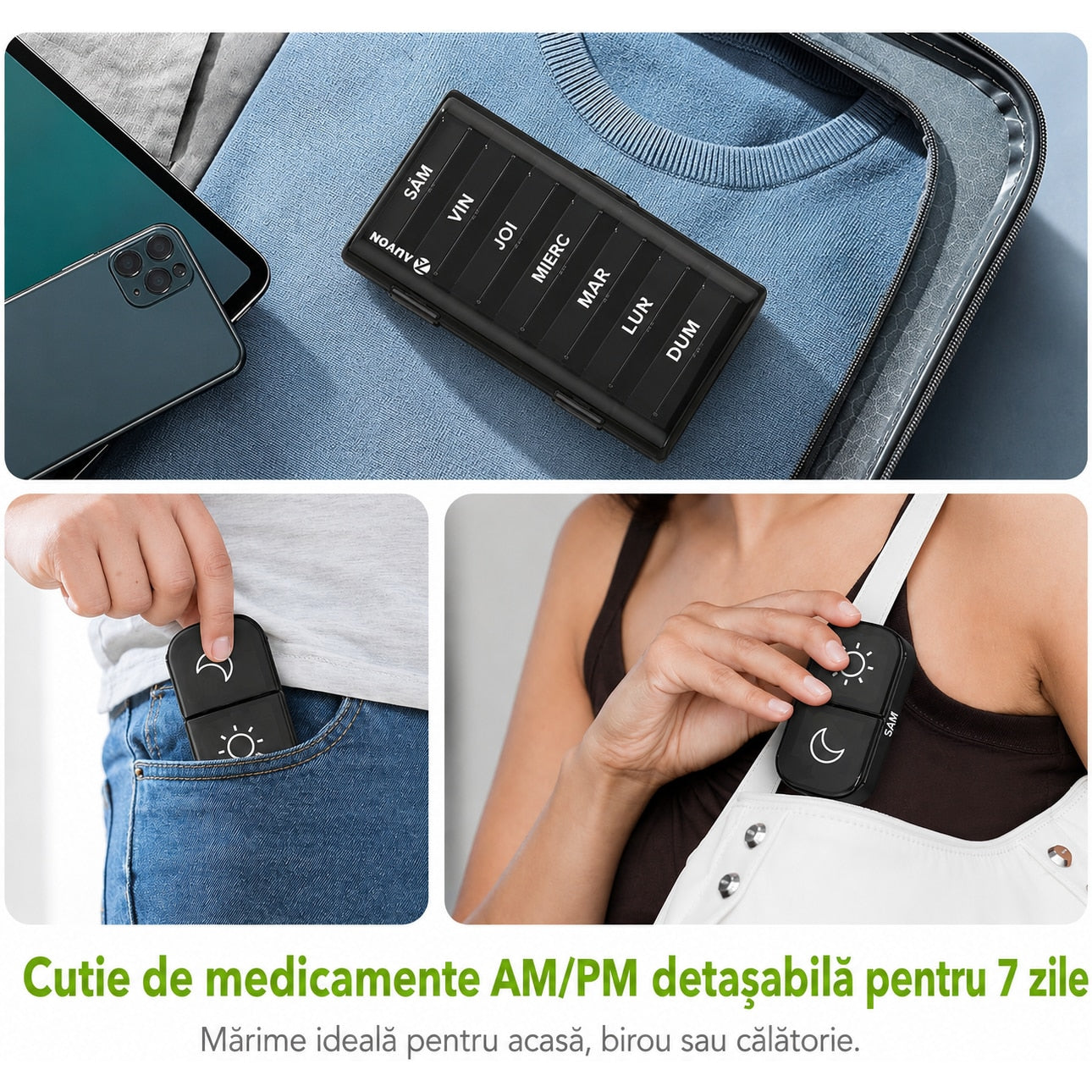 Organizator medicamente NextWave®, cutie saptamanala cu 7 recipiente detasabile si 14 compartimente AM/PM, deschidere la – imaginea 6