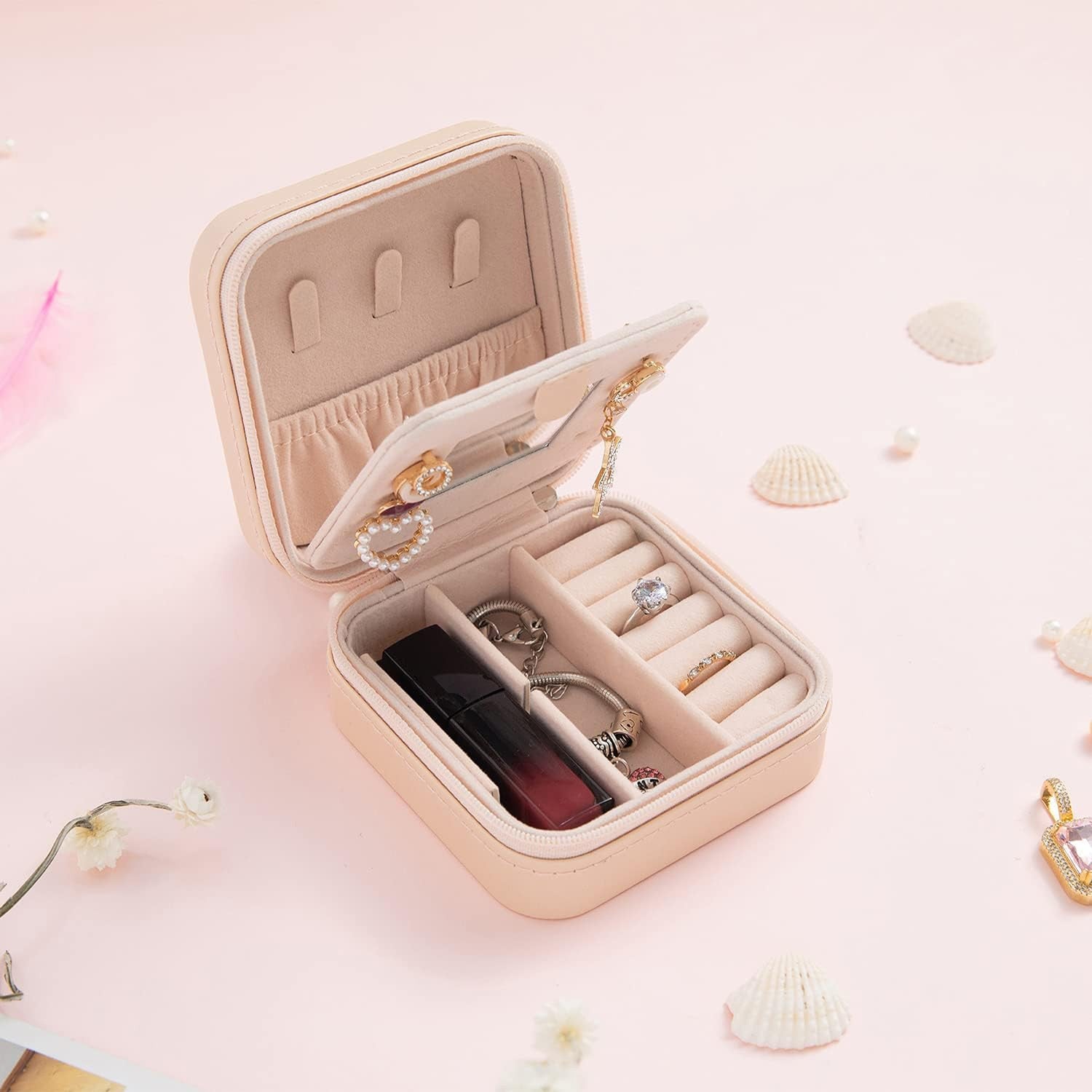 Cutie bijuterii NextWave® portabila din piele ecologica, design modern cu oglinda integrata si compartimente – imaginea 6