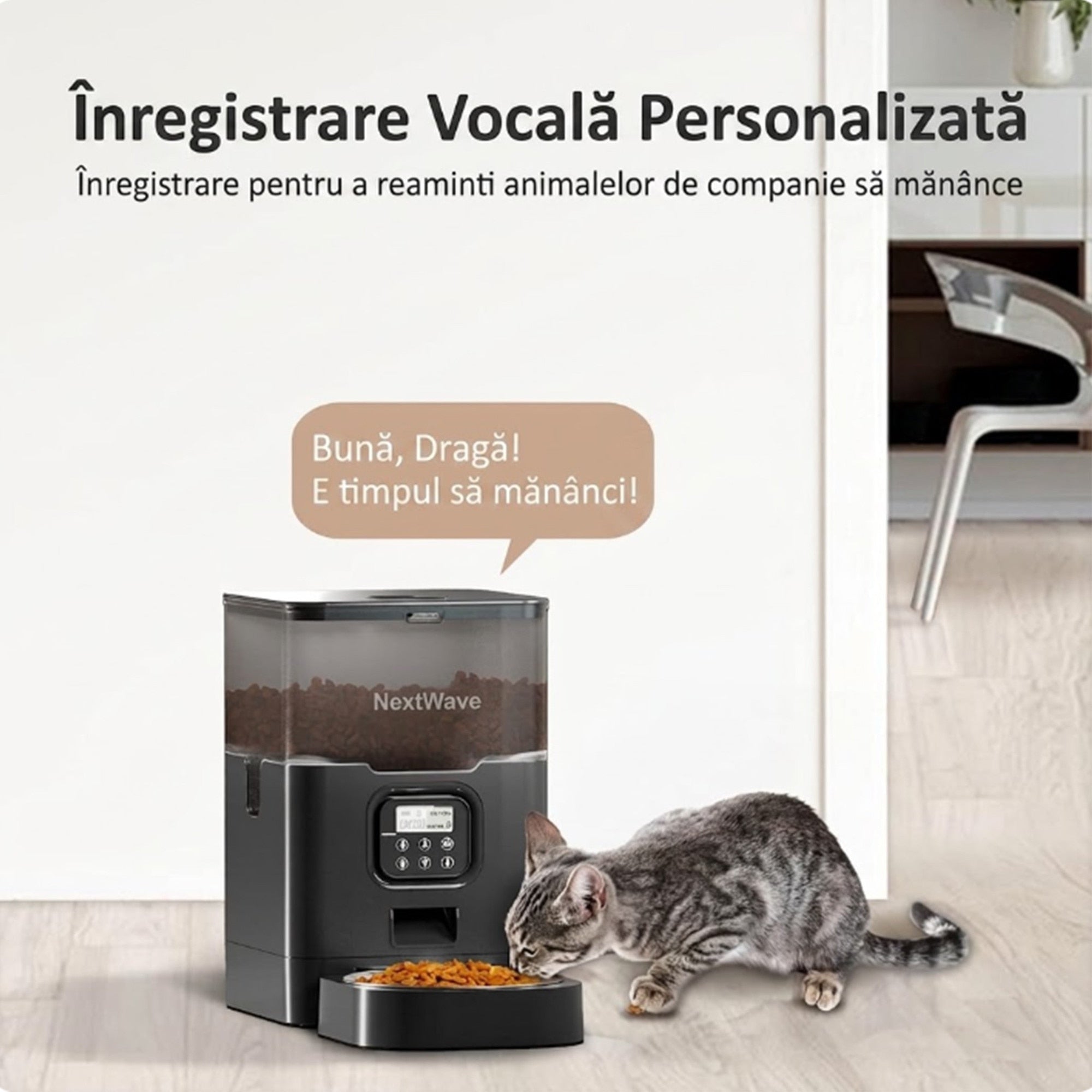 Hranitor Automat Digital Pisici si Caini NextWave®, Dispenser 4L, Rezervor Transparent, Mesaj Vocal Personalizat, 4 Mese/Zi – imaginea 6
