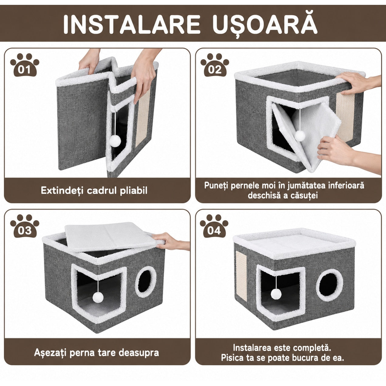 Casa Pisici NextWave®, Casuta Pliabila Tip Pestera, Pat Interior cu Platforma Superioara, Ansamblu de Zgariat Sisal, Minge – imaginea 6