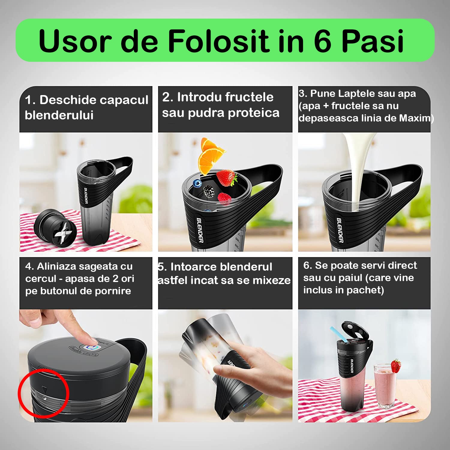Mini Blender Electric NextWave™, Portabil, Multifunctional, Auto-curatare, Autonomie Mare, Baterie reincarcabila 4000mAh – imaginea 6