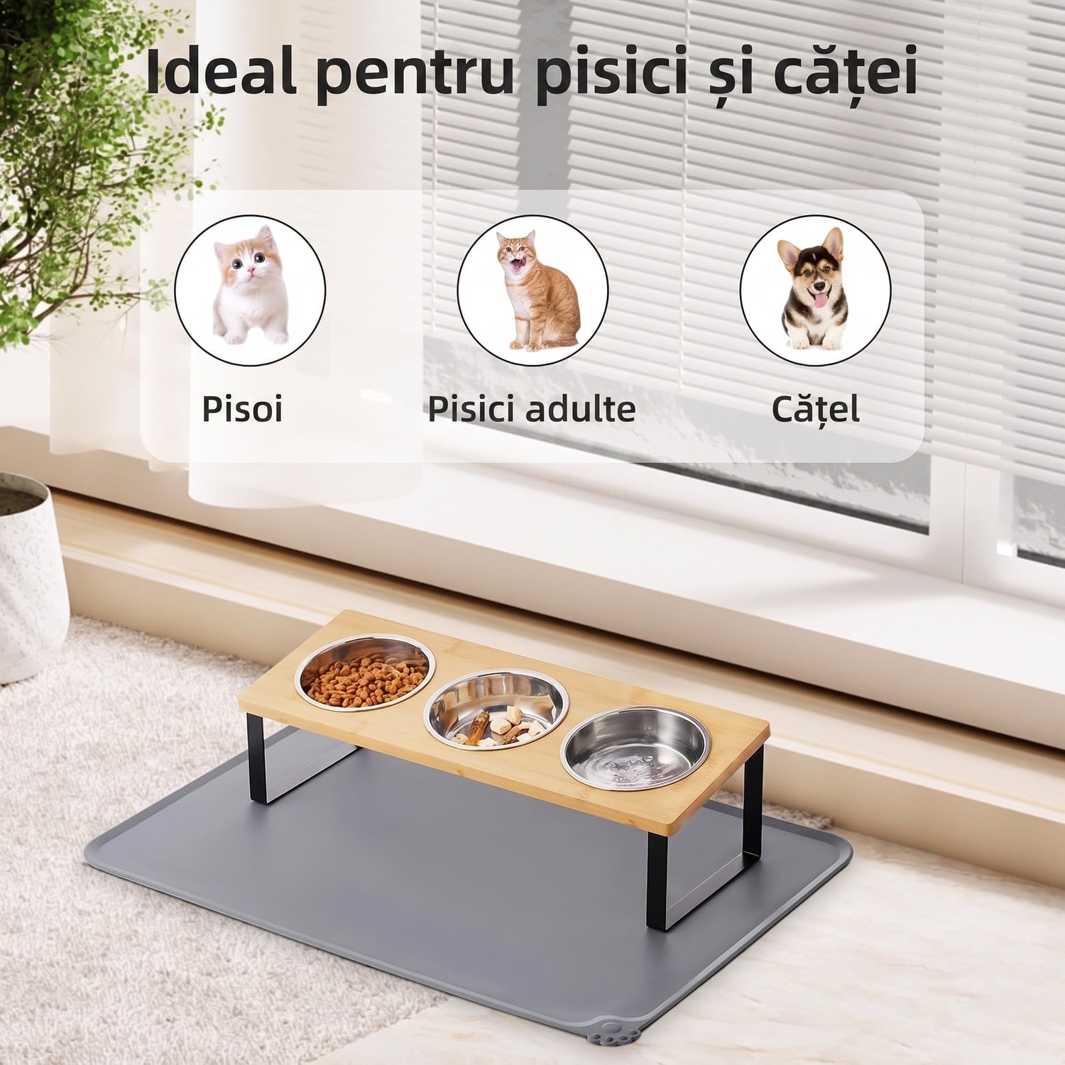 Set 3 boluri inaltate pentru pisici NextWave®️, suport inclinat la 15° anti-voma, 3 recipiente detasabile si covoras – imaginea 6