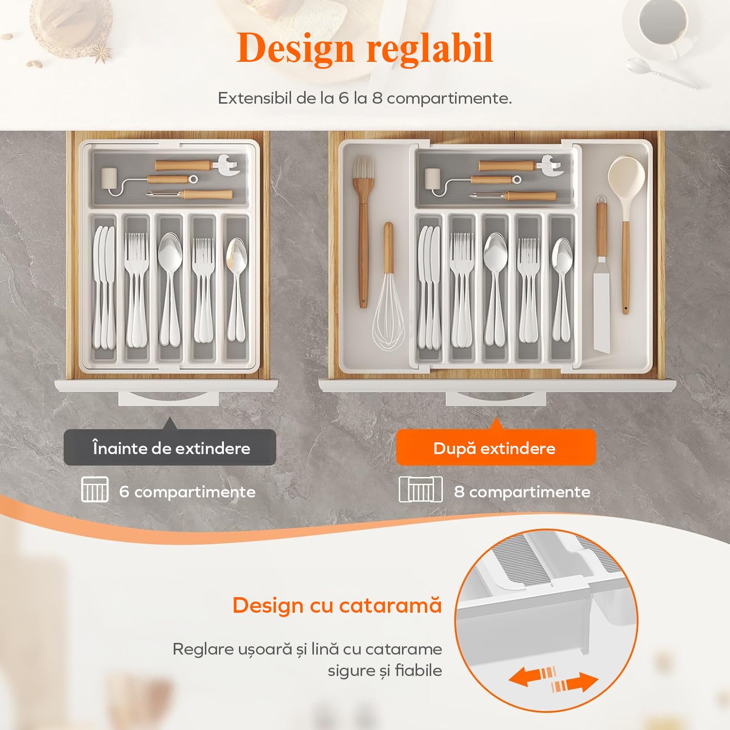 Organizator extensibil pentru tacamuri si ustensile de bucatarie NextWave® – suport sertar ajustabil 33–57 cm, cu 7–9 – imaginea 6