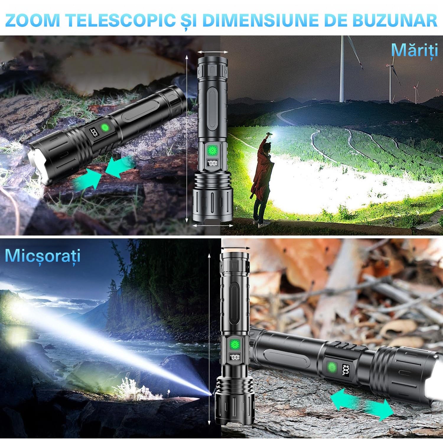 Lanterna BeGenius®, Focalizare Reglabila, 5 Moduri de Putere, LED P70, Baterie 5000 mAh, 2000lm, Iluminare Intensa pe Termen – imaginea 6