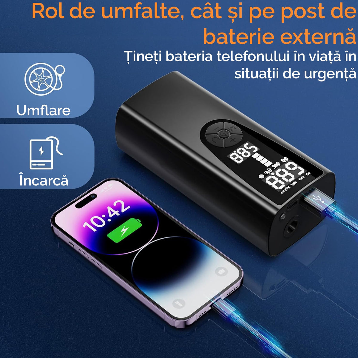 Compresor portabil electric NextWave® – pompa de aer reincarcabila 6000 mAh, presiune 0, 1-10, 3 bar (150 PSI), display – imaginea 6