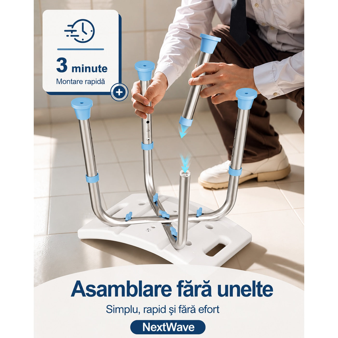 Scaun de dus NextWave® pentru baie si cada, reglabil pe inaltime, cadru rezistent din aluminiu, sezut confortabil, picioare – imaginea 6