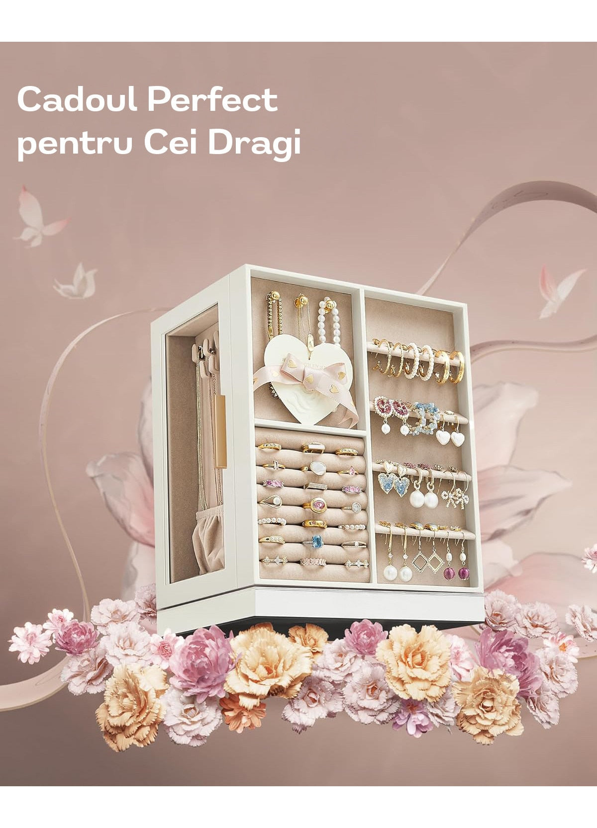 NextWave® Cutie de bijuterii verticala rotativa 360° cu 5 sertare, 18 carlige pentru coliere, compartimente pentru inele si – imaginea 6