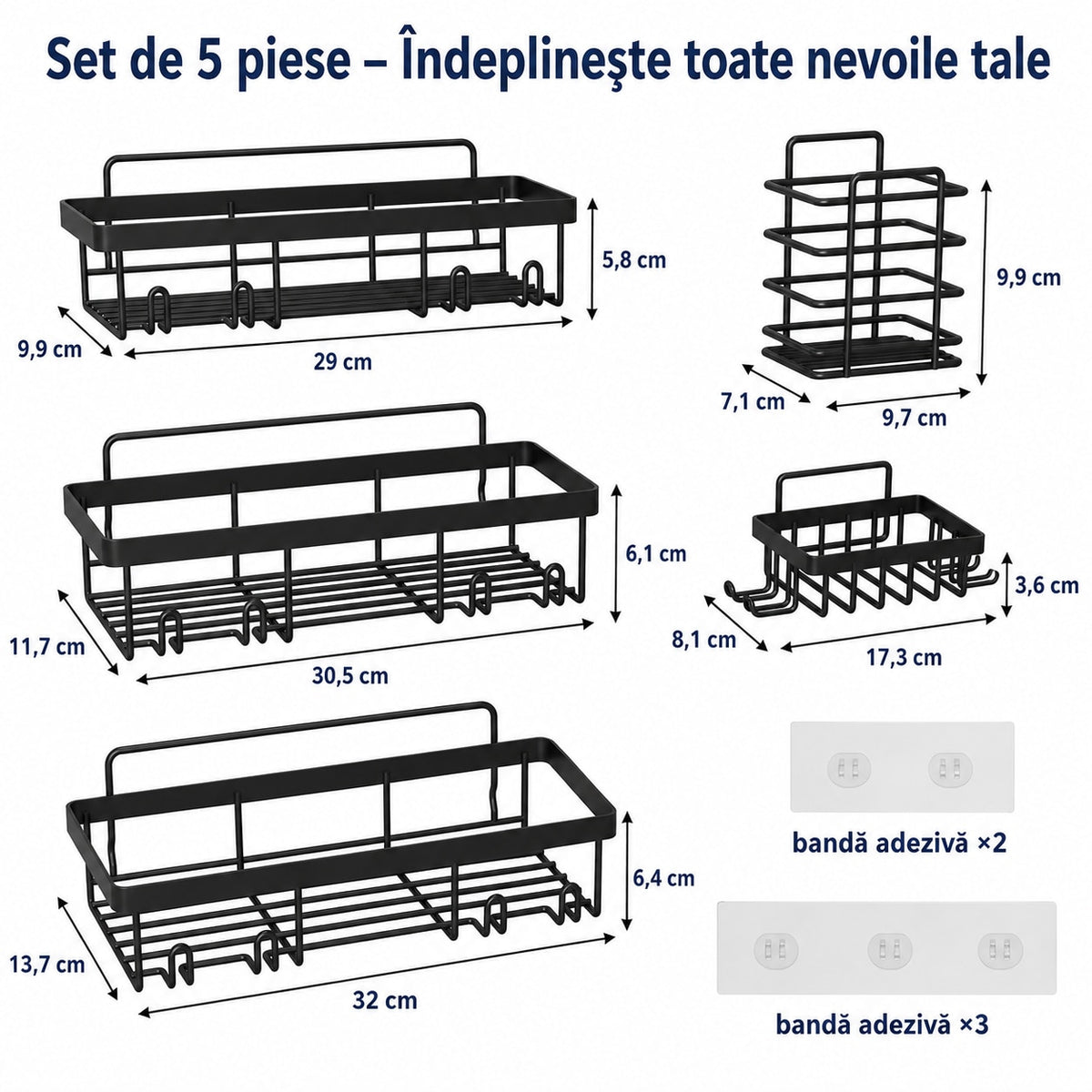 Raft de baie NextWave® la set, 5 piese cu 3 etajere pentru dus, 1 suport pentru sapun si 1 suport pentru periute de dinti – imaginea 6