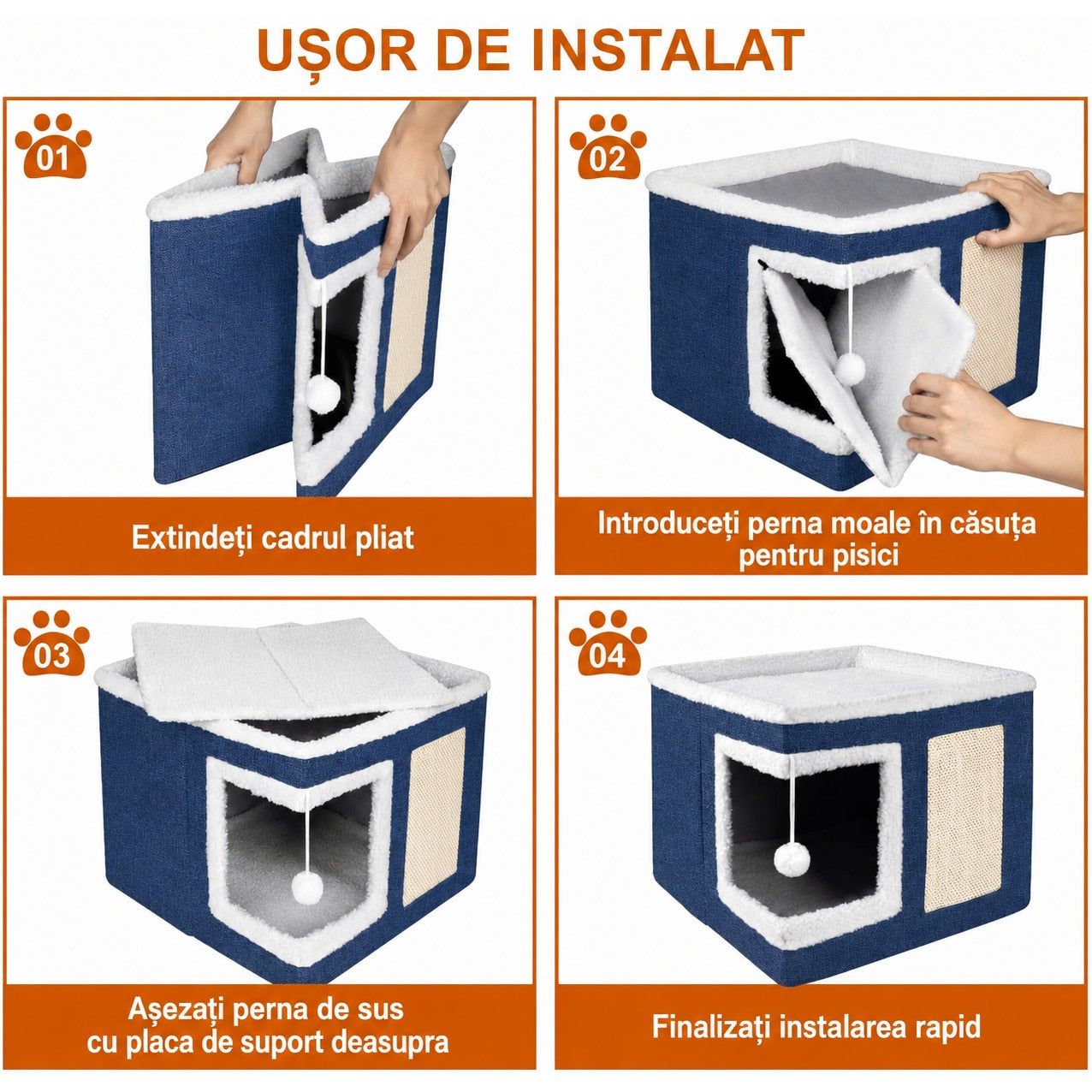 Casa Pisici NextWave®, Casuta Moale pentru Interior, Pat Tip Pestera cu Perna Detasabila, Material Bumbac, Design – imaginea 6