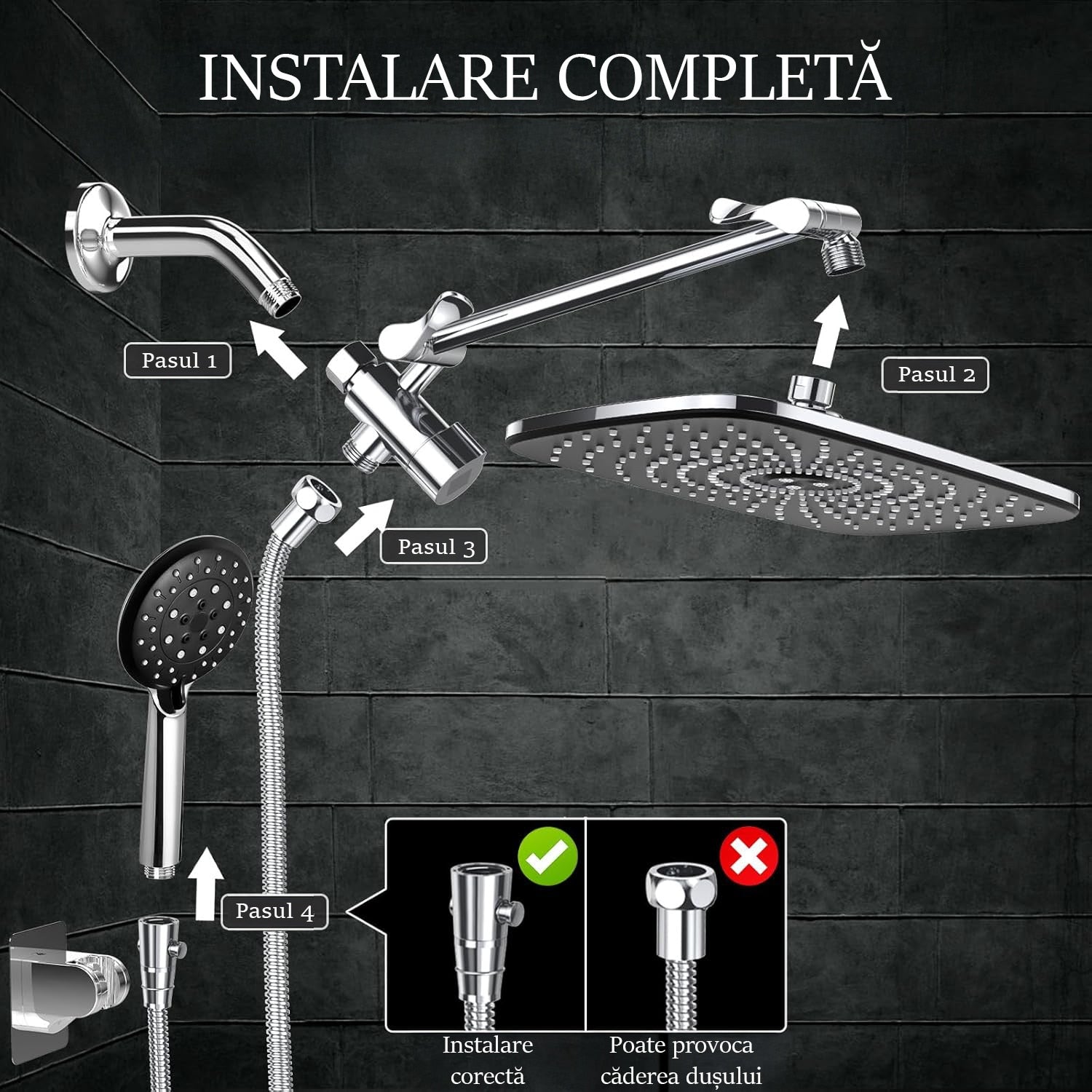 Set Cap De Dus Tip Ploaie NextWave®️, multiple moduri de curgere a apei, Para dus mobila, Duza de silicon, Presiune inalta – imaginea 6