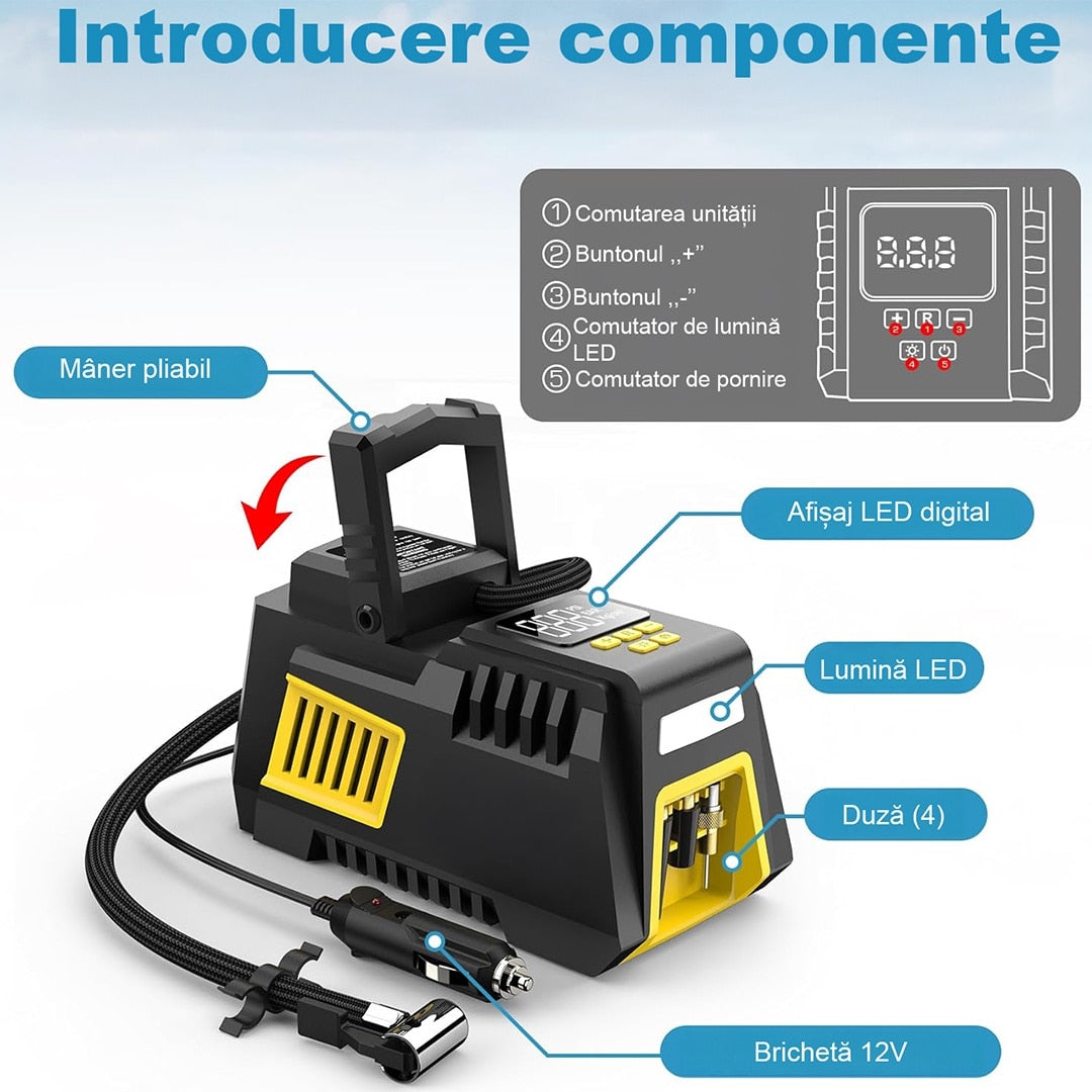 Compresor Auto Portabil pentru Anvelope Auto, Motociclete, Tubliss Enduro, Biciclete si Mingi, 10, 3 BAR/ 150 PSI, Manometru – imaginea 6