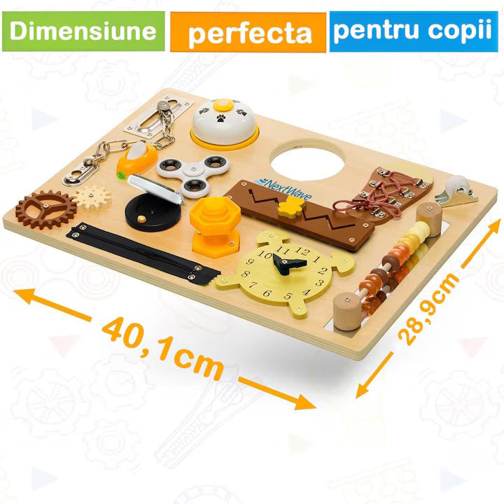 Placa senzoriala NextWave®, tabla de activitati Montessori din lemn cu 14 activitati educationale pentru invatarea – imaginea 6