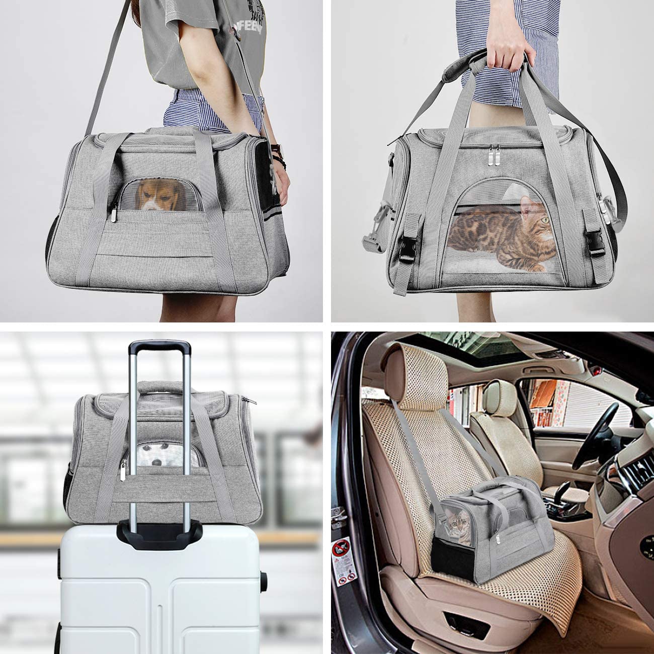Geanta pentru transport animale mici NextWave®, pisica, caine, iepure, din panza, 44x28x25, baza rezistenta cu covoras, gri – imaginea 6