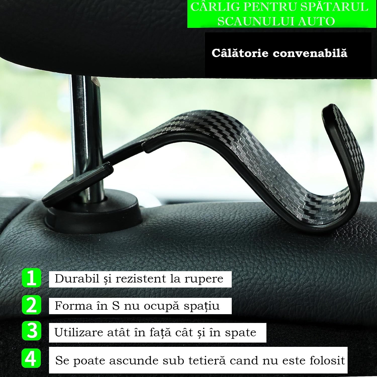 Set 4 carlige spatar auto NextWave®️, textura fibra de carbon, capacitate mare pana la 10 kg, pentru organizare si – imaginea 6