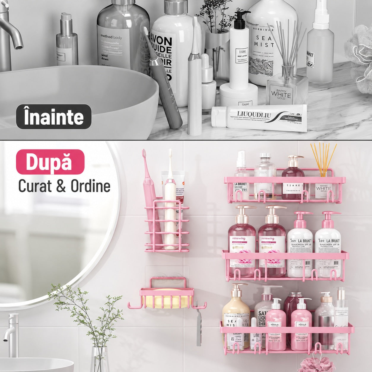 Raft de baie NextWave®, set 5 piese cu 3 etajere pentru dus, 1 suport pentru sapun si 1 suport pentru periute de dinti, din – imaginea 6