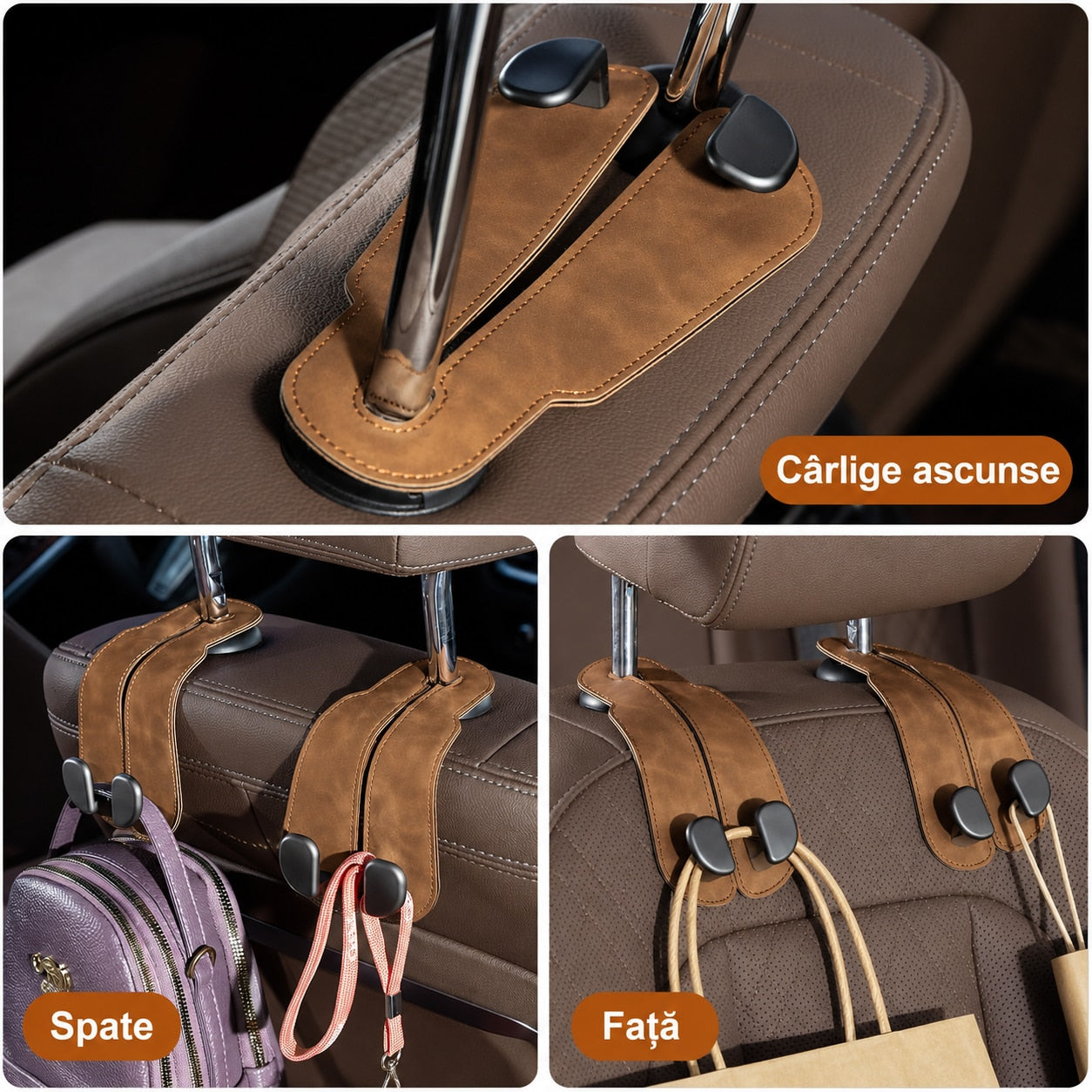 Set 2 carlige auto duble pentru tetiera NextWave®, pentru genti, sacose, haine si accesorii, aliaj de aluminiu-magneziu cu – imaginea 6