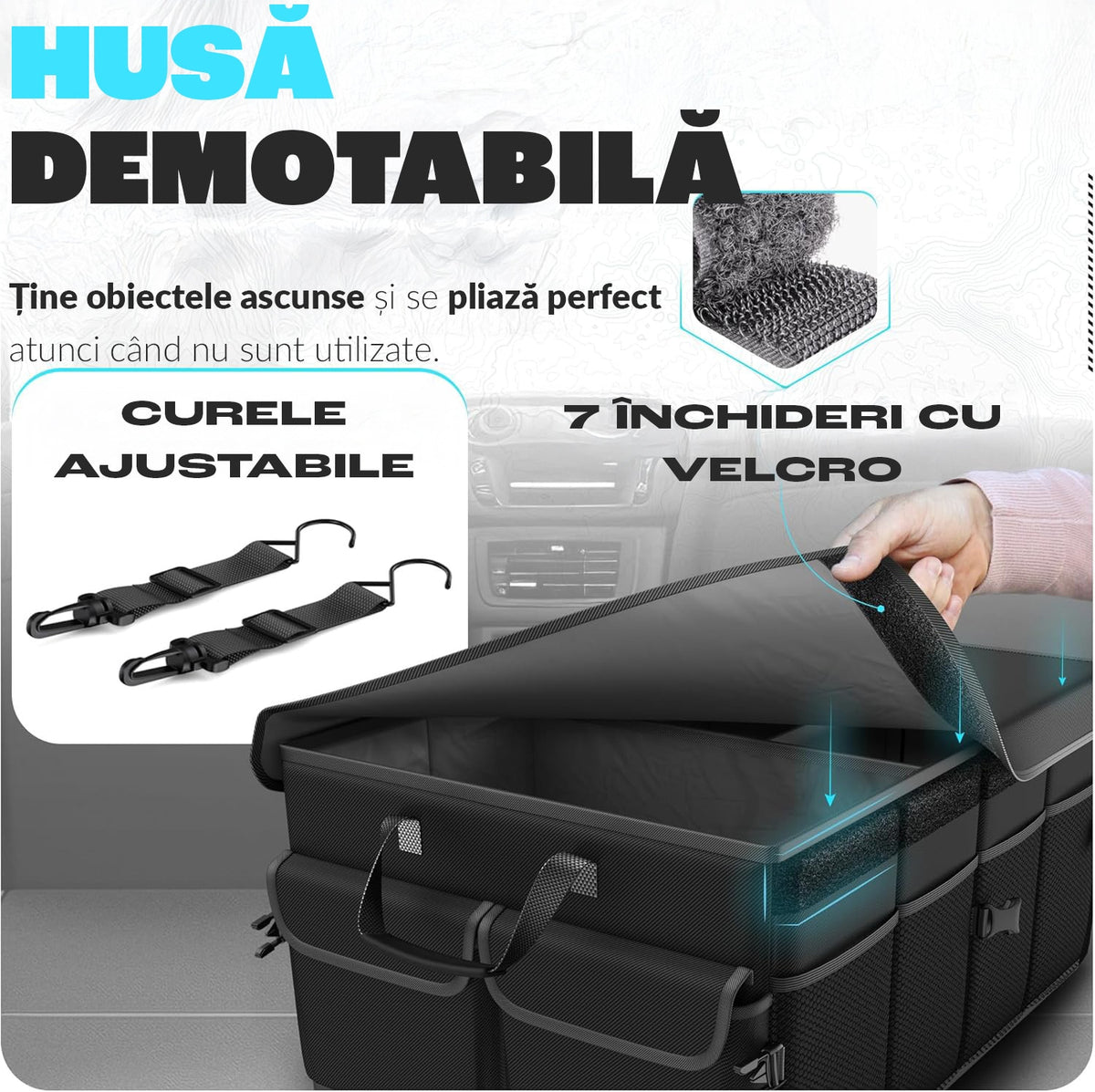 Organizator portbagaj auto pliabil NextWave®️, capacitate mare 55×40×26 cm, compartimentare cu separator detasabil, 2 placi – imaginea 6