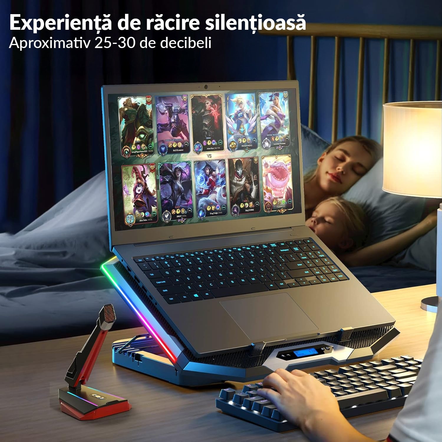 Stand De Racire pentru Laptop BeGenius® cu Suport pentru Telefon, 8 Ventilatoare ultra Silentioase, Cooler Laptop Gaming – imaginea 6