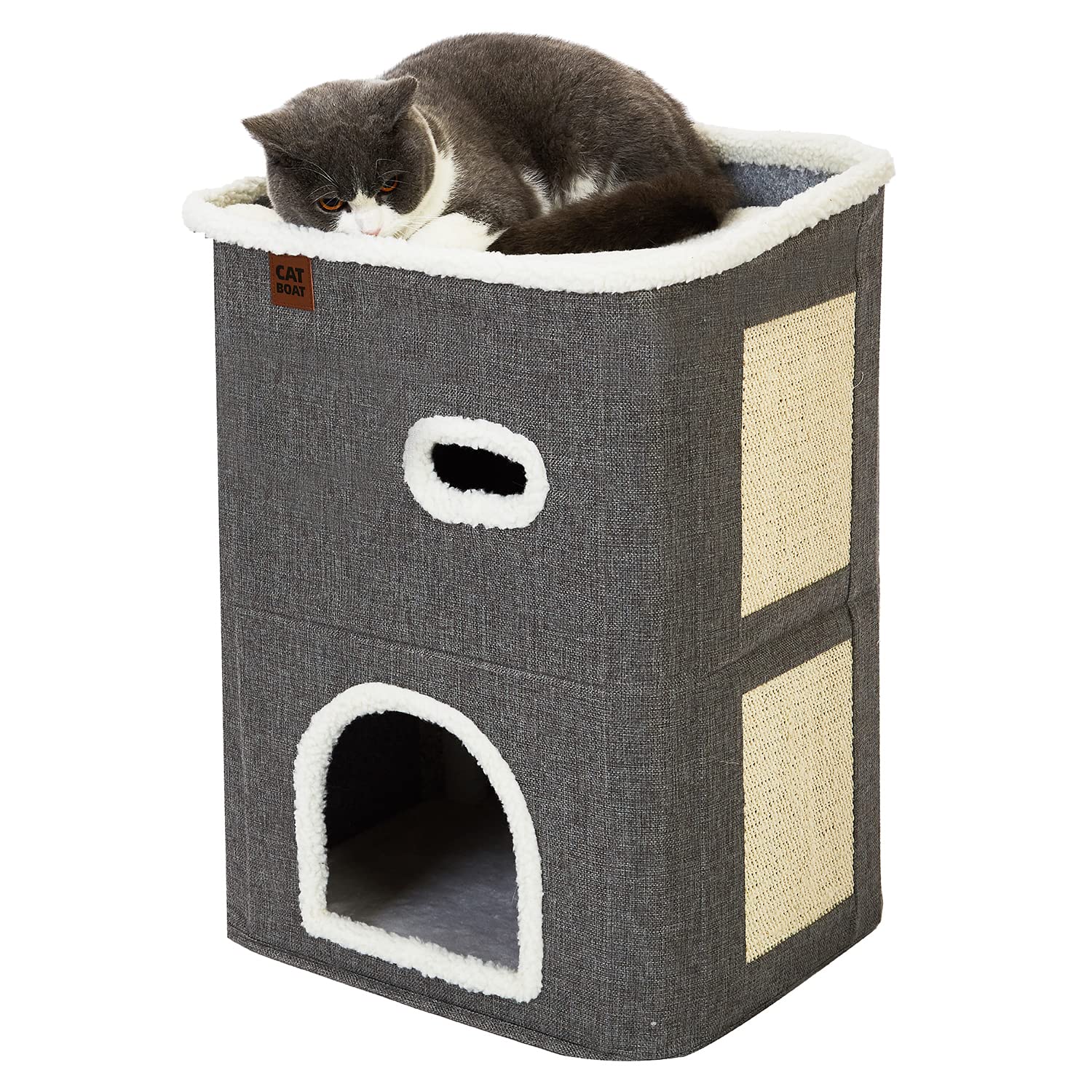 Casa Pisici NextWave®, Casuta Pliabila Tip Pestera, Pat Interior cu Platforma Superioara, Ansamblu de Zgariat Sisal, Minge – imaginea 6