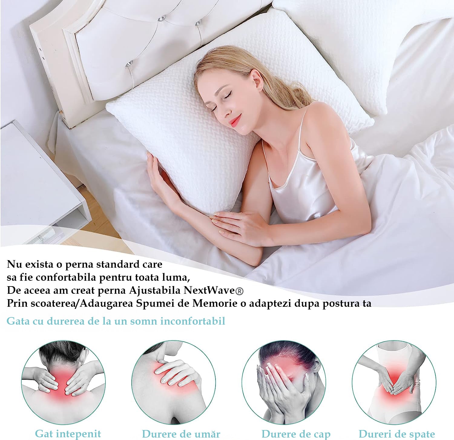 Set 2 perne ortopedice pentru dormit ajustabile NextWave™, Spuma cu Memorie Maruntita pentru Gat si Suport Cervical, 2 Zone – imaginea 6