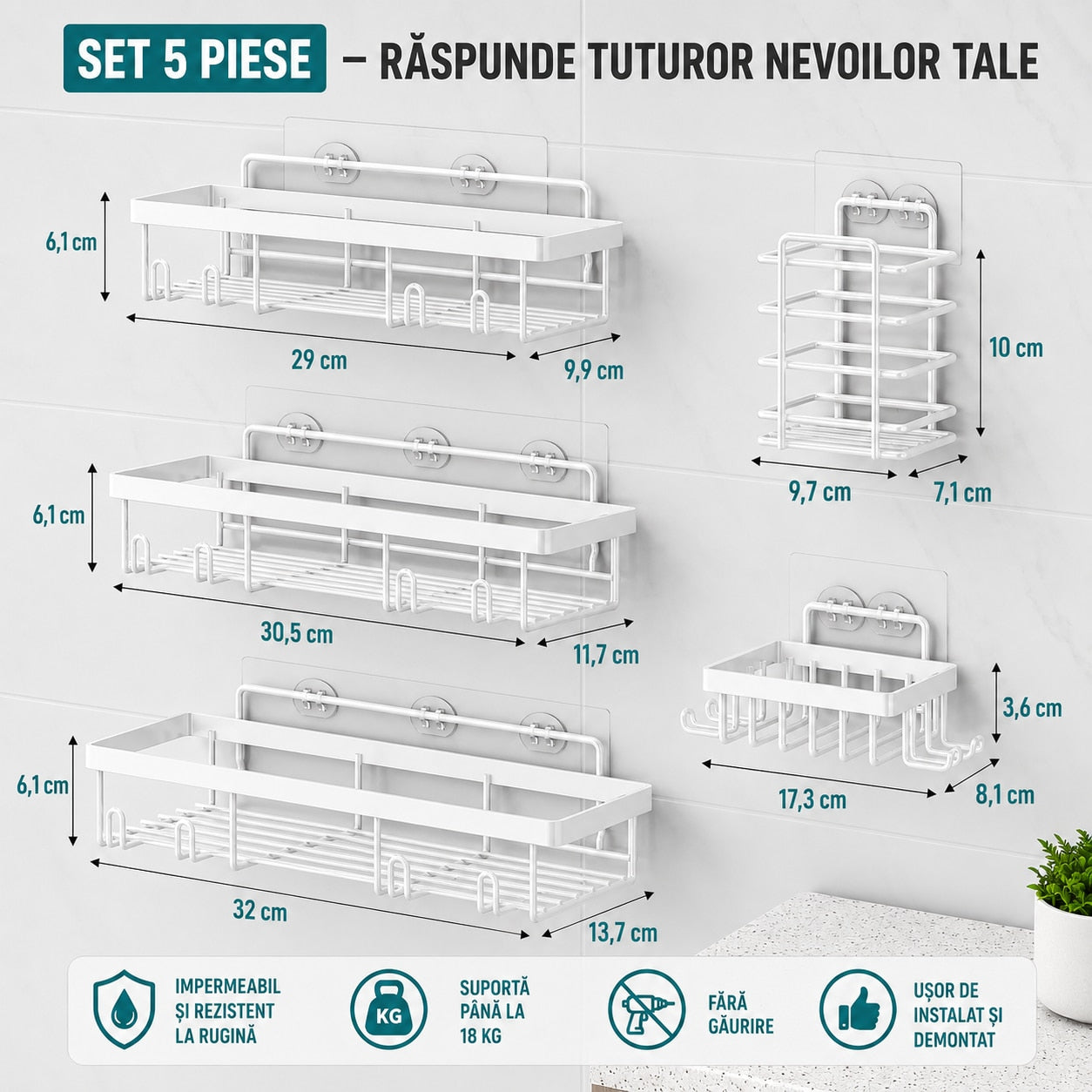 Raft de baie NextWave®, set 5 piese cu 3 etajere pentru dus, 1 suport pentru sapun si 1 suport pentru periute de dinti, din – imaginea 6