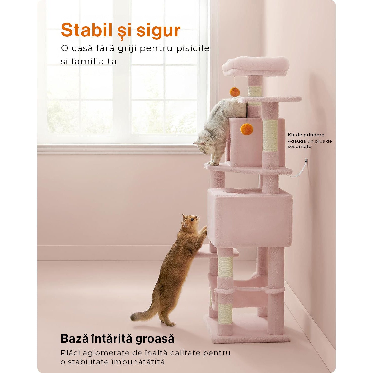 Ansamblu de Joaca pentru Pisici NextWave®, tip turn, 2 platforme de observatie, 3 niveluri, 2 casuta, 5 stalpi pentru – imaginea 6
