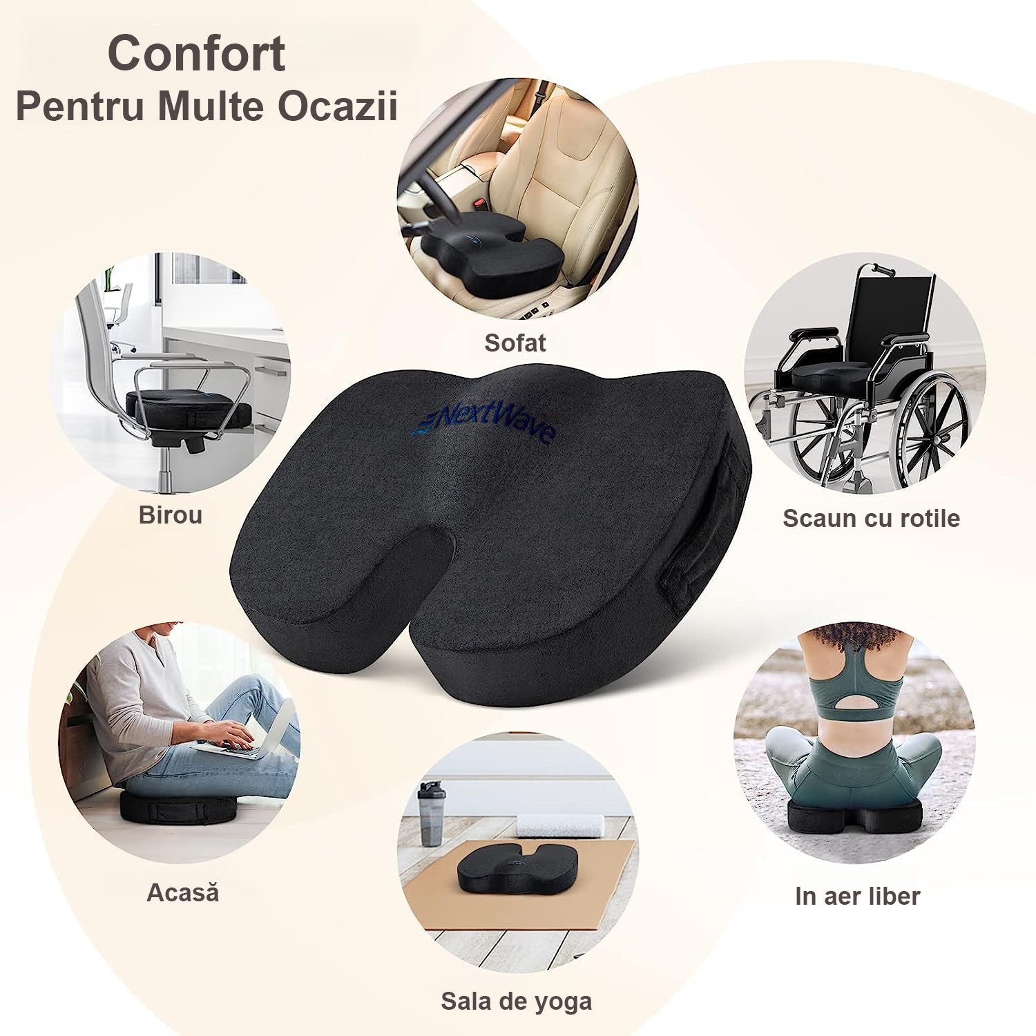 Perna ortopedica sezut NextWave®️, din spuma cu memorie, Coccis, pentru scaun de birou sau masina, husa detasabile – imaginea 6