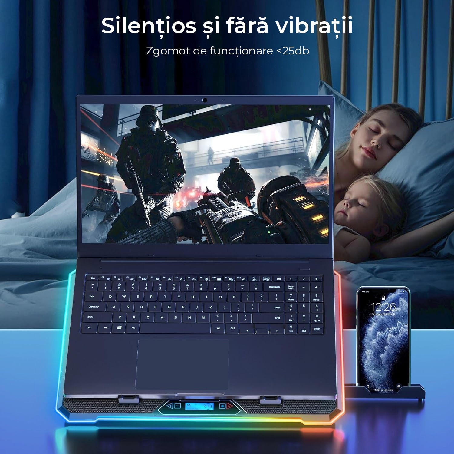 Stand De Racire pentru Laptop BeGenius® cu Suport pentru Telefon, 6 Ventilatoare ultra Silentioase, Cooler Laptop Gaming – imaginea 6