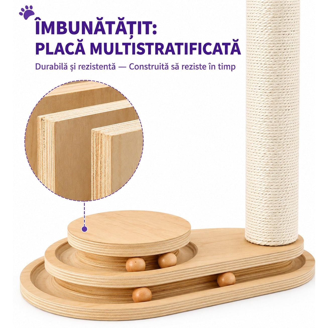 Stalp de zgariat pentru pisici NextWave®, cu sisal natural, baza interactiva stabila din placa pe baza de lemn, 4 mingi – imaginea 6