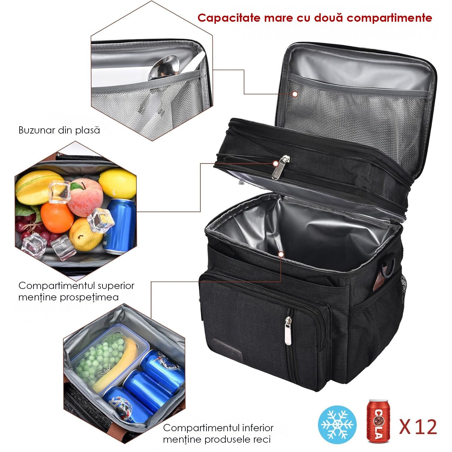 Geanta termoizolanta pranz 15L NextWave® – dublu compartiment stratificat, impermeabila si anti-scurgeri, material Oxford – imaginea 6