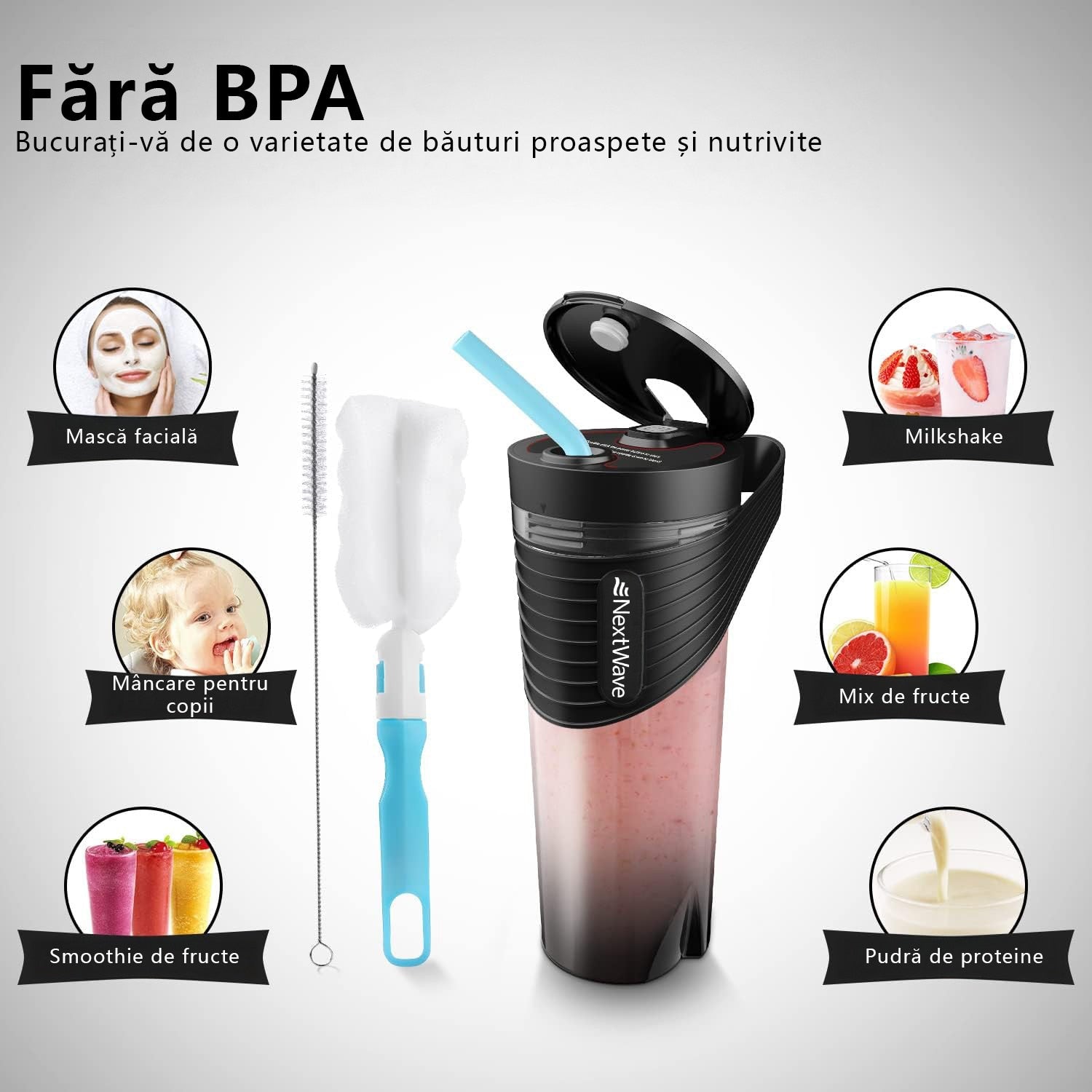 Blender electric portabilMini Blender Electric NextWave™, Portabil, Multifunctional, Auto-curatare, Autonomie Mare, Baterie – imaginea 6
