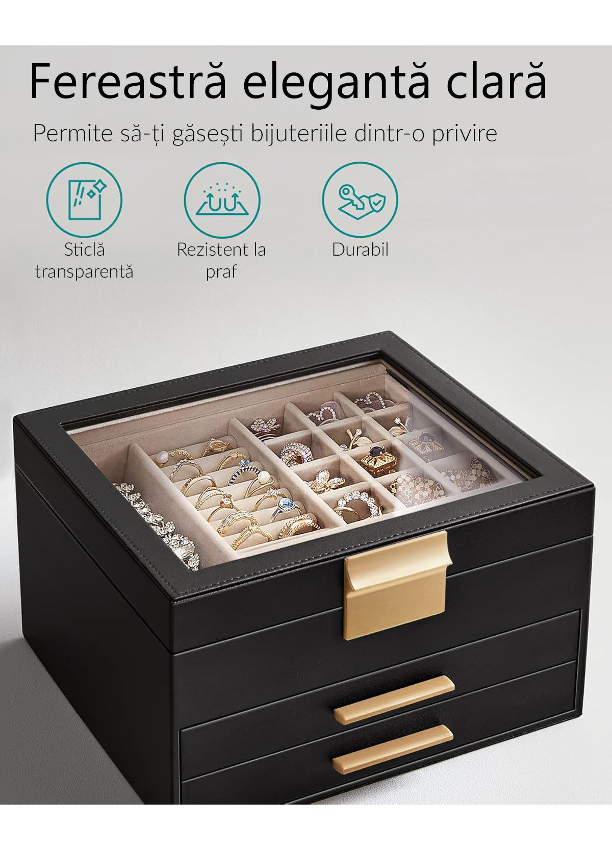 Cutie bijuterii NextWave, 3 niveluri, 2 sertare, piele ecologica neagra, 25x18x15cm – imaginea 6