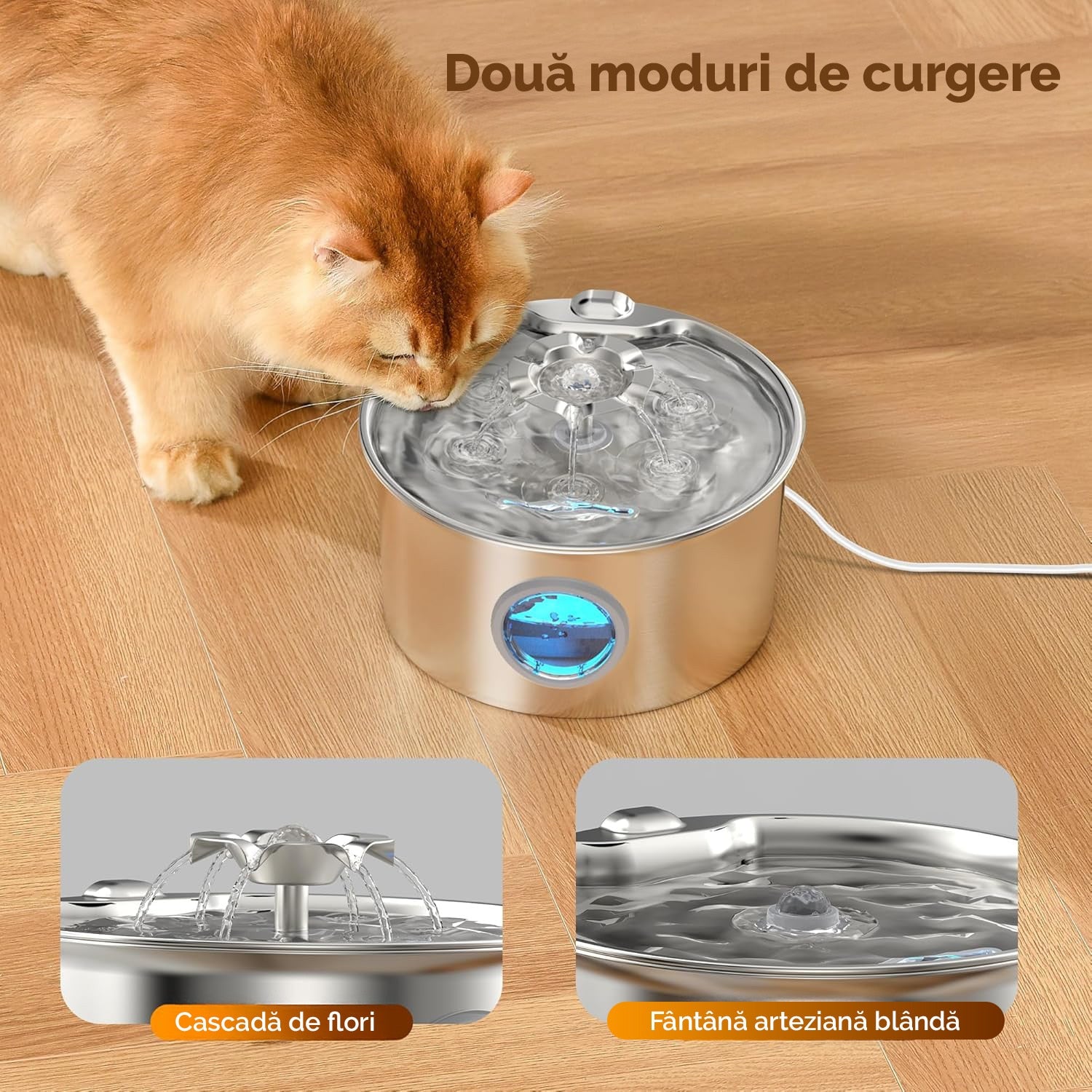 Fantana Apa Pisici si Caini NextWave®, Dispenser Automat din Otel Inoxidabil, Capacitate 2.6L, Fereastra Nivel Apa, Jet – imaginea 6