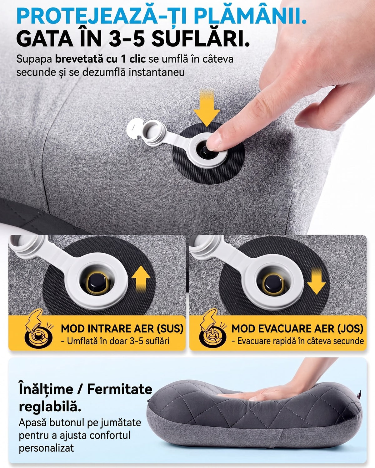 Pernă gonflabilă de camping NextWave®️, suport cervical ergonomic, supapă One-Click de umflare rapidă, bandă elastică – imaginea 7