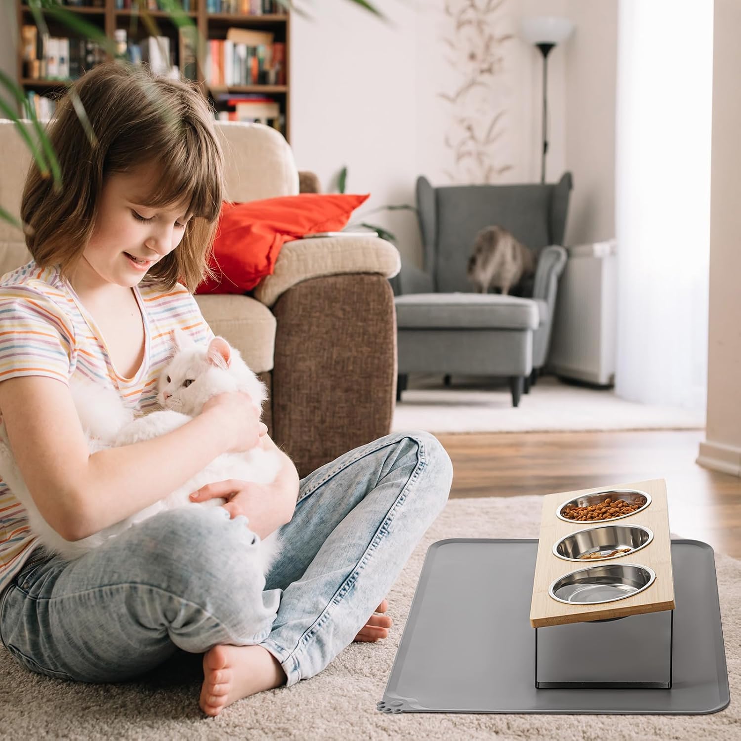 Set 3 boluri inaltate pentru pisici NextWave®️, suport inclinat la 15° anti-voma, 3 recipiente detasabile si covoras – imaginea 7