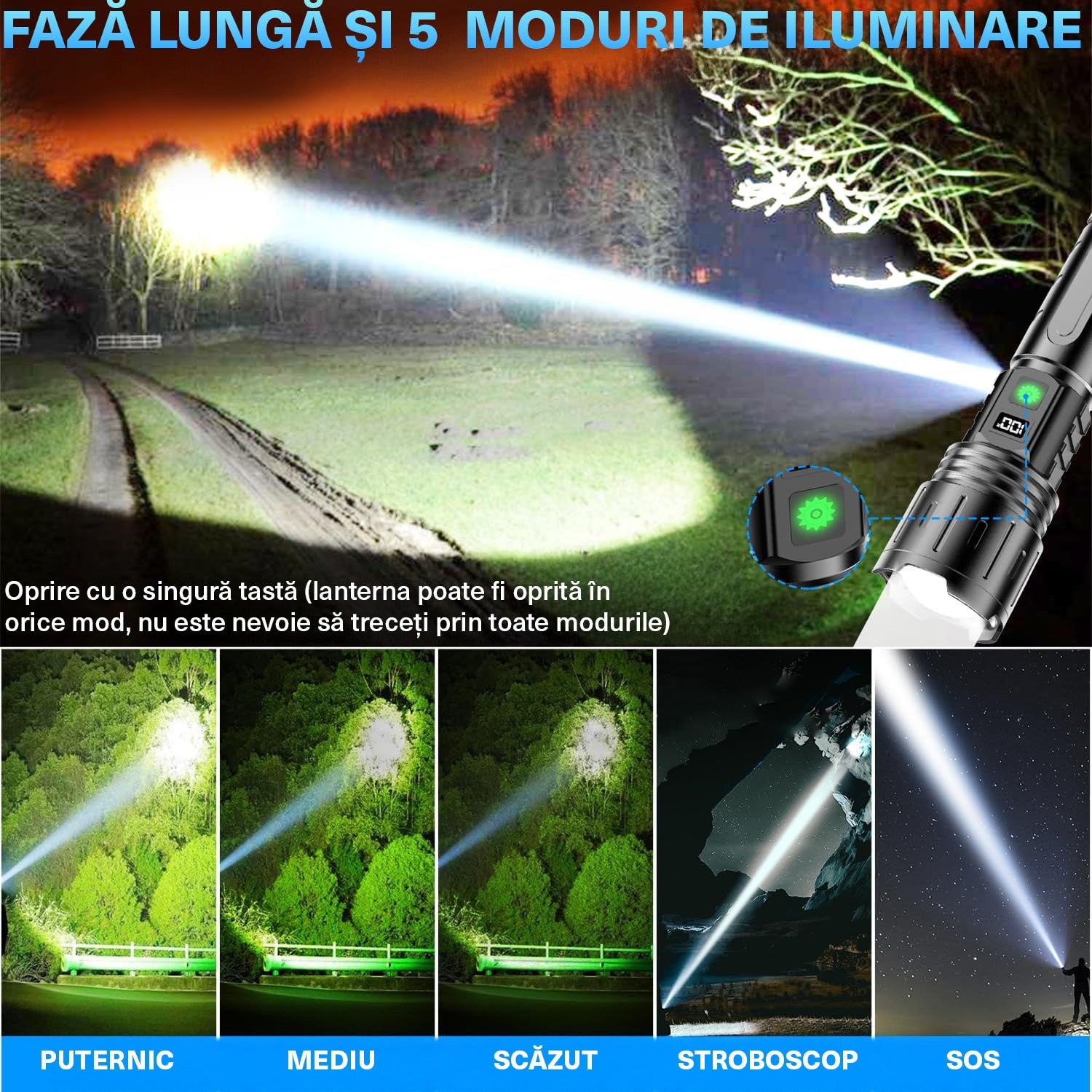 Lanterna BeGenius®, Focalizare Reglabila, 5 Moduri de Putere, LED P70, Baterie 5000 mAh, 2000lm, Iluminare Intensa pe Termen – imaginea 7