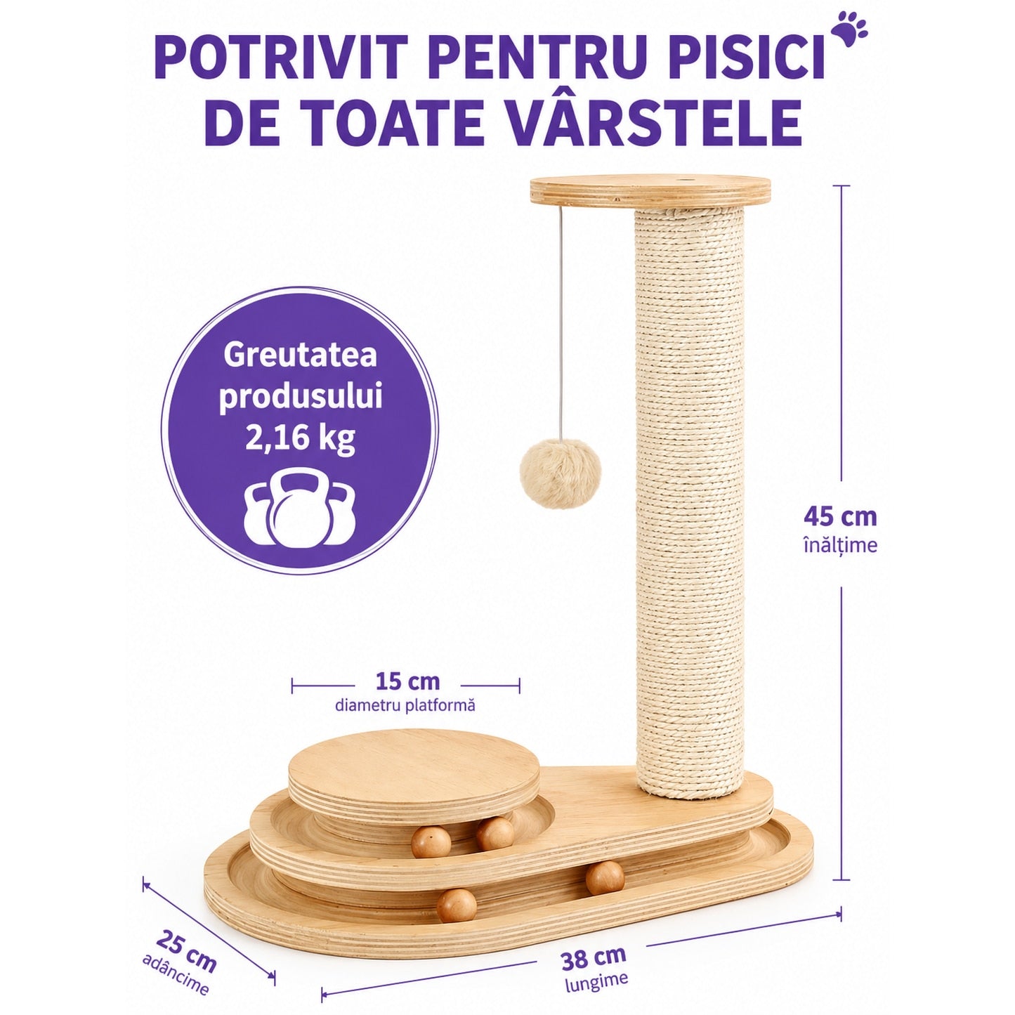 Stalp de zgariat pentru pisici NextWave®, cu sisal natural, baza interactiva stabila din placa pe baza de lemn, 4 mingi – imaginea 7
