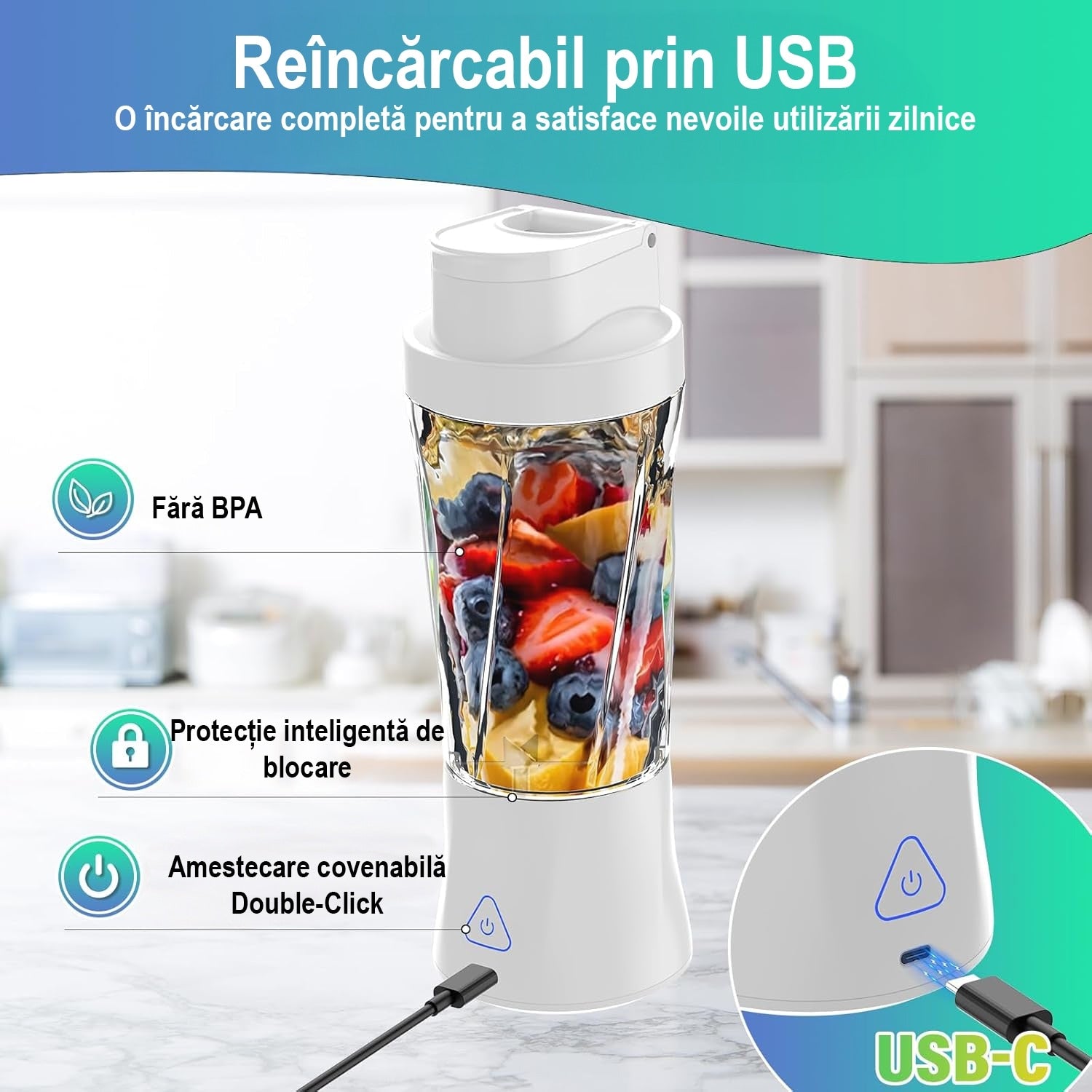 Mini Blender Electric Portabil NextWave™, Multifunctional, Auto-curatare, Autonomie Mare, Recipient detasabil cu capac – imaginea 7