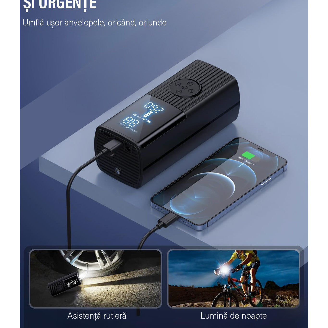 Compresor auto portabil digital NextWave®, baterie 7800 mAh reincarcabila, presiune 150 PSI, 4 moduri inteligente de – imaginea 7