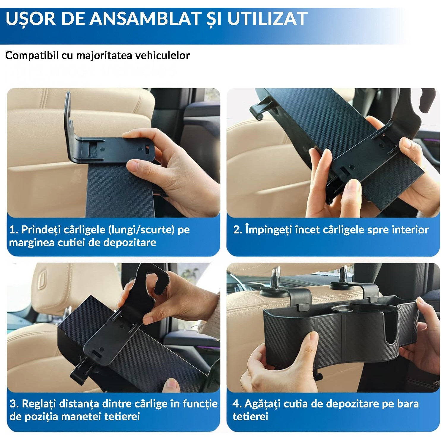 Set 2 Organizatoare Auto Spate NextWave®, 3-in-1 cu Suport Pahar, Depozitare Accesorii, Carlige Reglabile, Plastic Durabil – imaginea 7