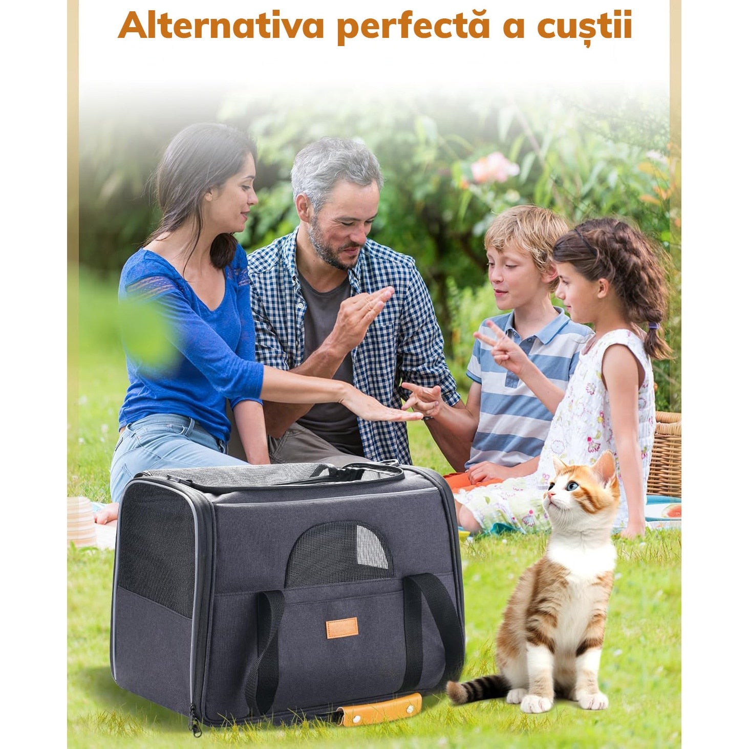 Geanta pentru transport animale mici NextWave®, pisica, caine, iepure, din panza, 45x35x33 cm, Baza rezistenta cu covoras – imaginea 7