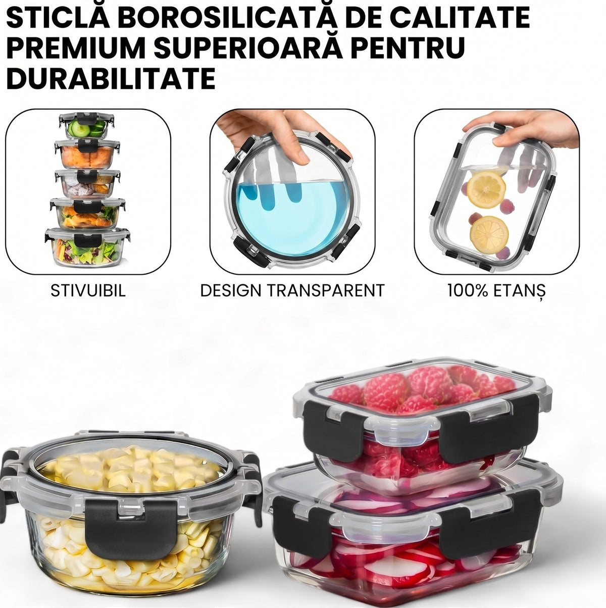 Set 15 Caserole Alimentare din sticla NextWave®️ Capace Etanse, Depozitare Frigider si Congelator, Potrivite pentru – imaginea 7
