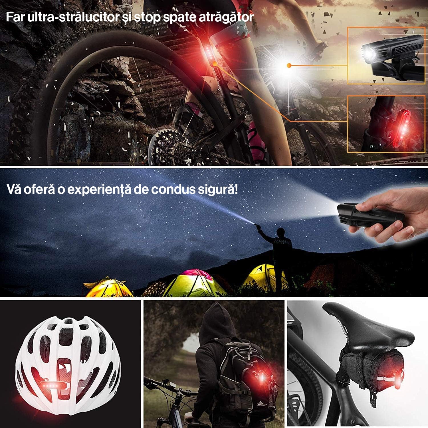 Set Lumini Bicicleta, Trotineta Fata Spate BeGenius®, Far si Stop Reincarcabil USB, Far 4 Moduri si Stop cu 4 Moduri de – imaginea 7
