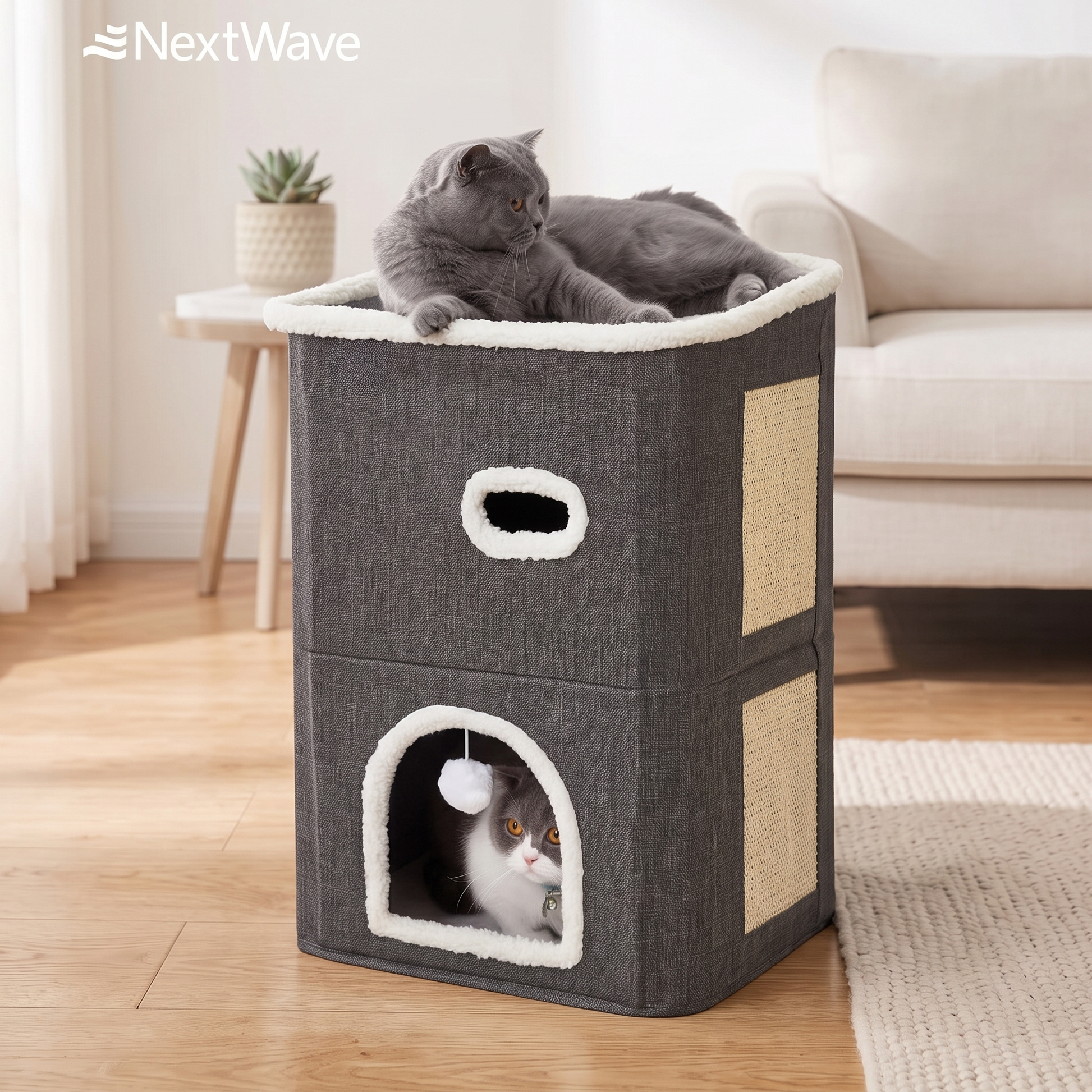 Casa Pisici NextWave®, Casuta Pliabila Tip Pestera, Pat Interior cu Platforma Superioara, Ansamblu de Zgariat Sisal, Minge – imaginea 7