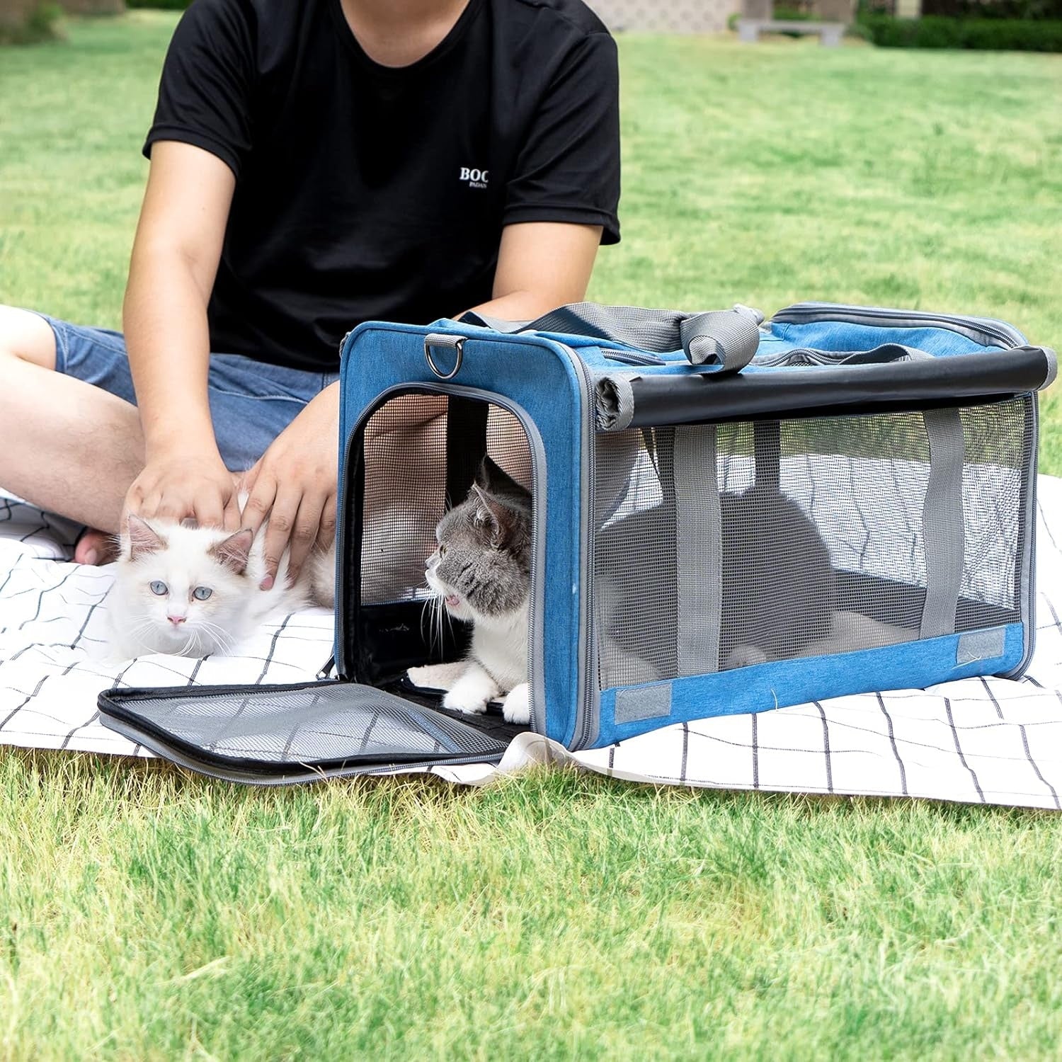 Geanta pentru transport animale mici NextWave®, pisica, caine, iepure, din panza, 46x30x30, Baza rezistenta cu covoras, Usor – imaginea 7