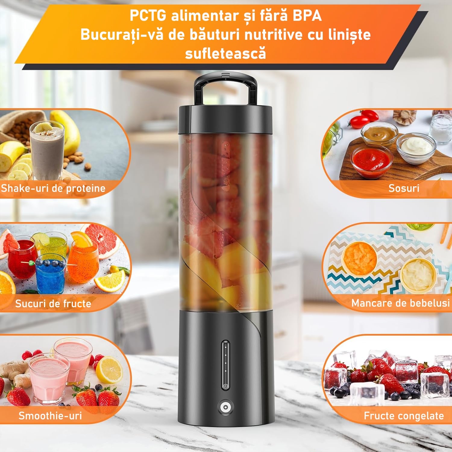 Mini Blender Electric NextWave™, Portabil, Multifunctional, Auto-curatare, Autonomie Mare, Baterie reincarcabila 4000mAh – imaginea 7