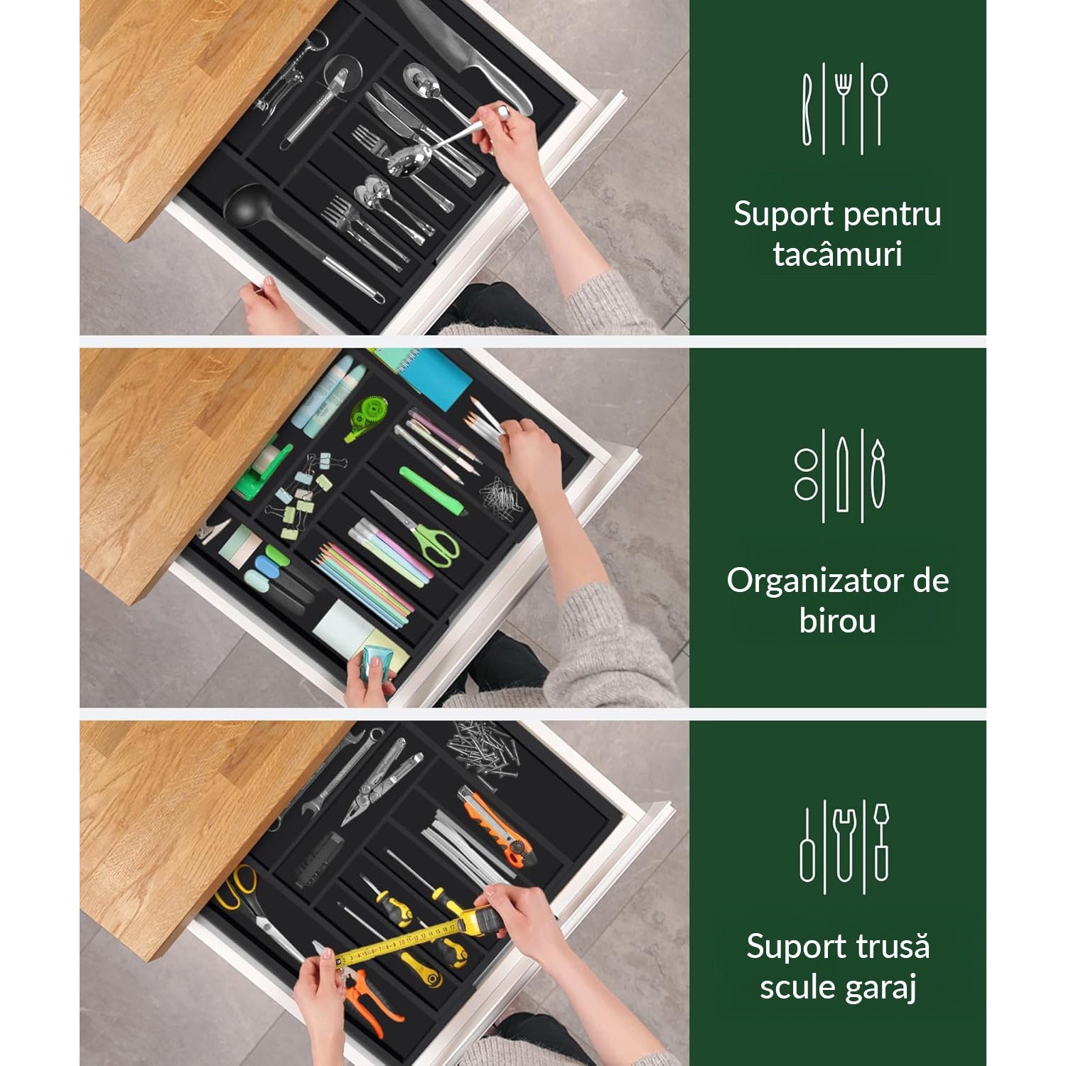 Organizator extensibil pentru tacamuri si ustensile NextWave – bambus natural lacuit, finisaj negru elegant, 9 compartimente – imaginea 7